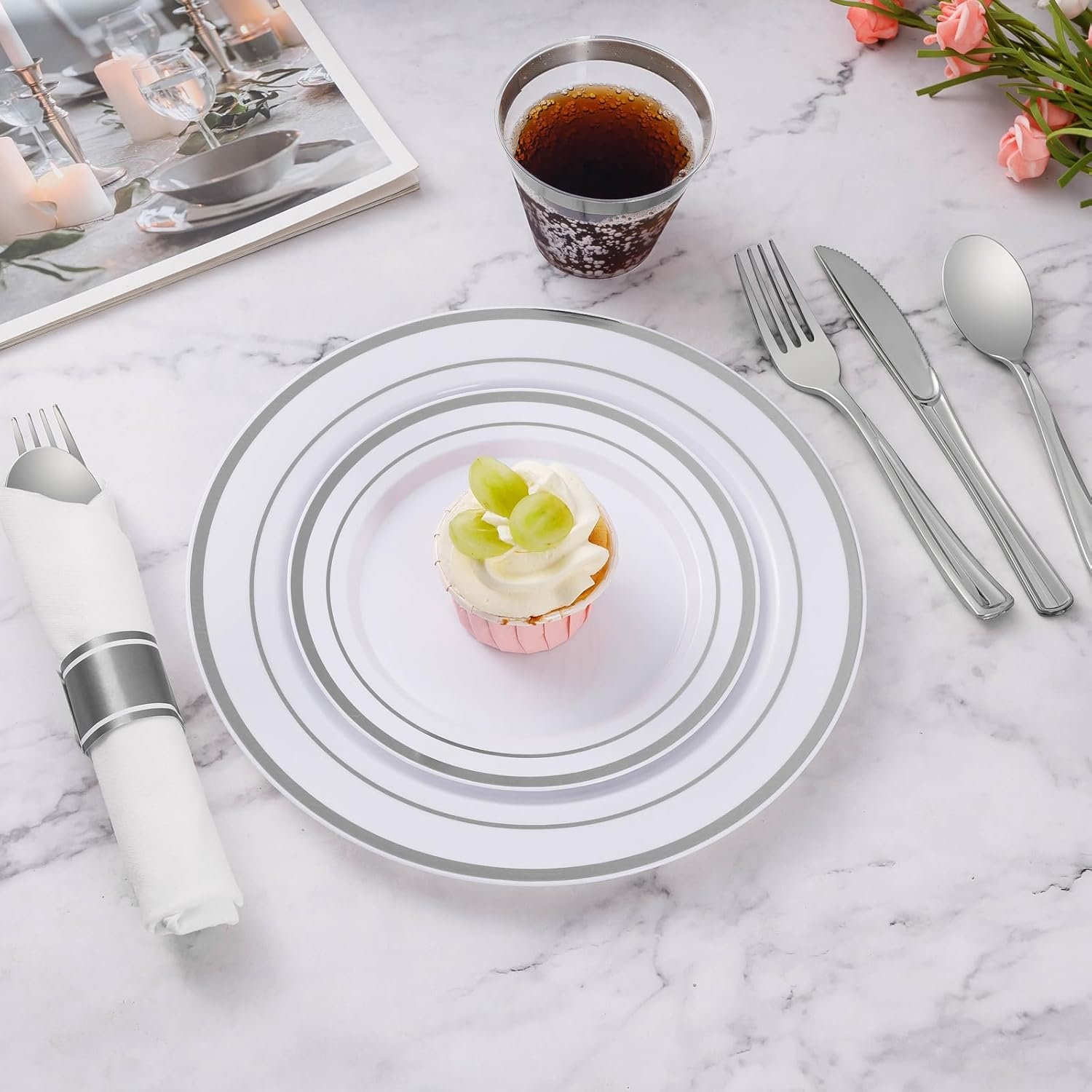 Wholesale 350 Piece Silver Plastic Dinnerware Set for 50 Guests Fancy Disposable Party Plates Includes 50 Dinner Plates 50 Dessert Plates 50 Pre-Rolled Napkins with Silverware 50 Cups Supplier