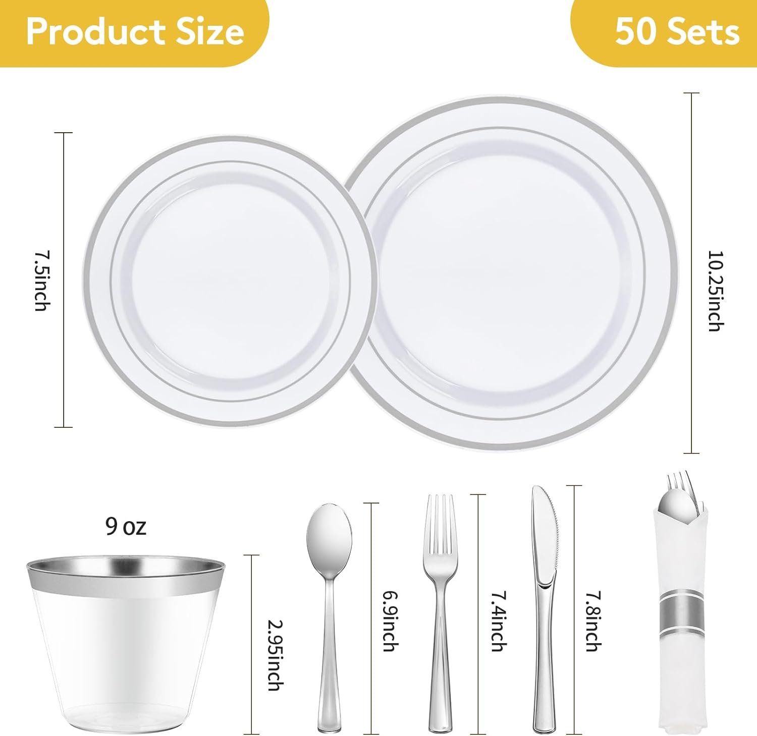 Wholesale 350 Piece Silver Plastic Dinnerware Set for 50 Guests Fancy Disposable Party Plates Includes 50 Dinner Plates 50 Dessert Plates 50 Pre-Rolled Napkins with Silverware 50 Cups Supplier