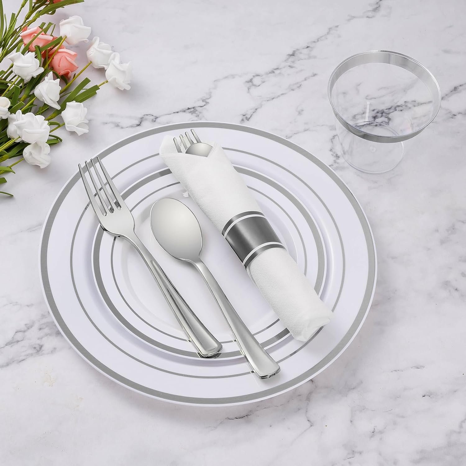 Wholesale 350 Piece Silver Plastic Dinnerware Set for 50 Guests Fancy Disposable Party Plates Includes 50 Dinner Plates 50 Dessert Plates 50 Pre-Rolled Napkins with Silverware 50 Cups Supplier