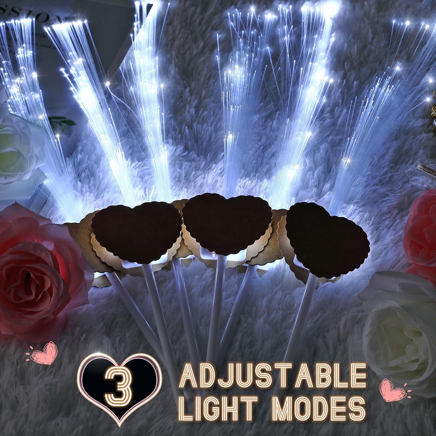 Wholesale 100 Pcs LED Heart Shape Glow Sticks Long Fiber Optic Wands 3 Light Modes Wedding Sparklers Reception Valentine Proposal Carnival Birthday Party Dance Floor Props Brown Supplier