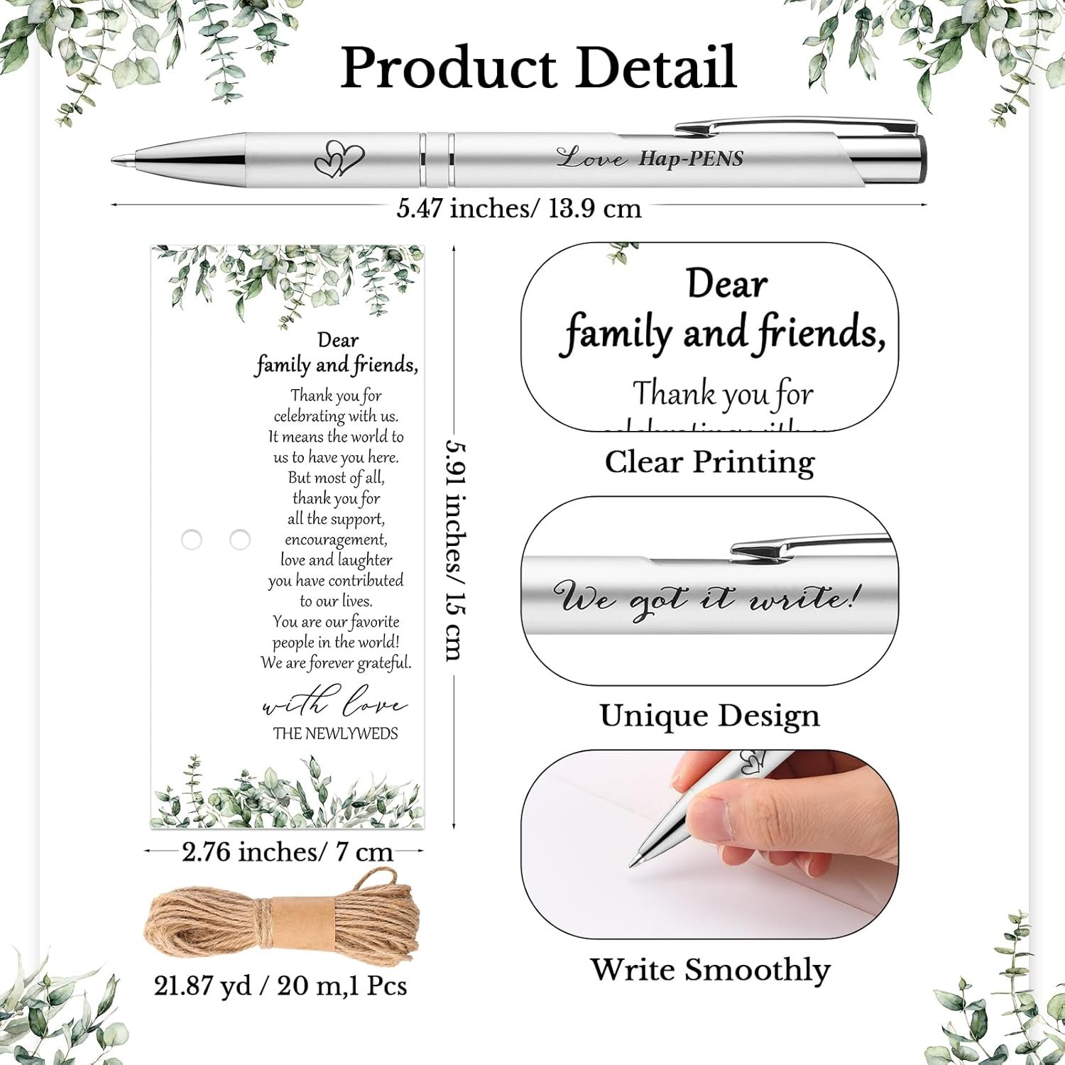 Wholesale 50 Sets Wedding Favors for Guests 50 Black Ink Retractable Ballpoint Pens 50 Thank You Cards 50 Organza Bags with Hemp Rope Bridal Shower Party Supplies Supplier