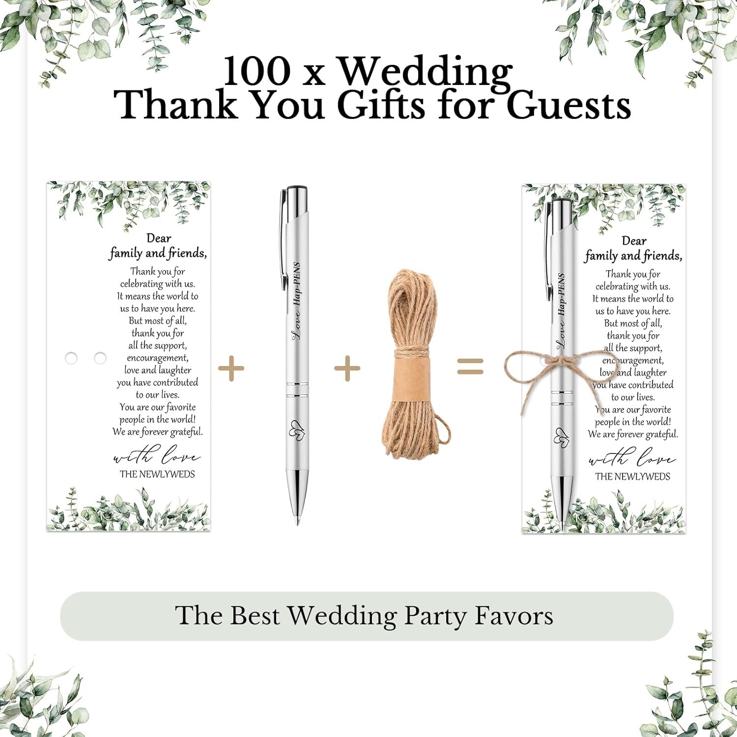 Wholesale 50 Sets Wedding Favors for Guests 50 Black Ink Retractable Ballpoint Pens 50 Thank You Cards 50 Organza Bags with Hemp Rope Bridal Shower Party Supplies Supplier