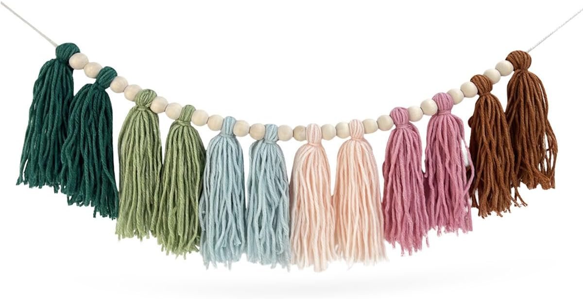 Rainbow Boho Tassel Wall Hanging with Wood Beads - Colorful Pastel Tassel Garland for Kids Room, Classroom, Bedroom, Nursery Home Decoration