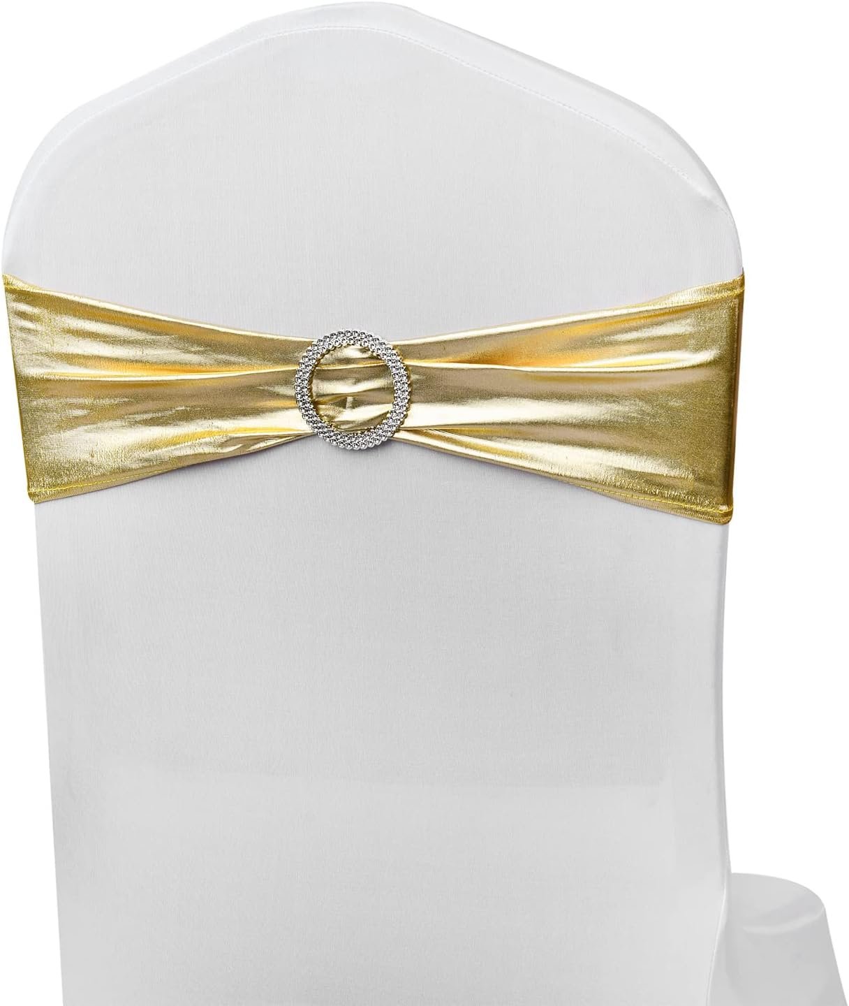 Wholesale Gold Spandex Chair Sashes Bows 50 Pack Stretch Bands with Metal Buckles Elastic Sliders for Wedding Party Events Banquet Decor Supplier