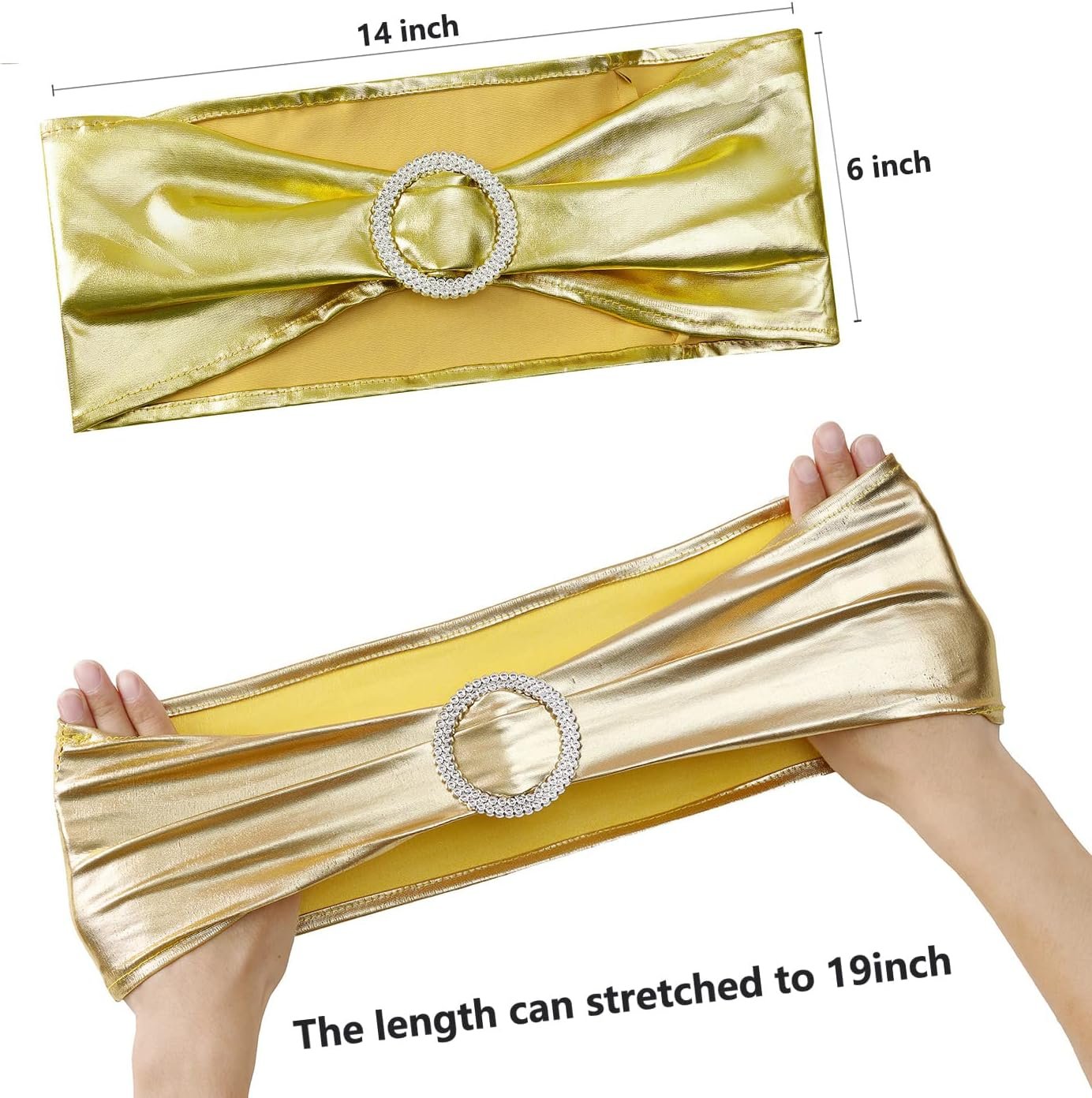 Wholesale Gold Spandex Chair Sashes Bows 50 Pack Stretch Bands with Metal Buckles Elastic Sliders for Wedding Party Events Banquet Decor Supplier