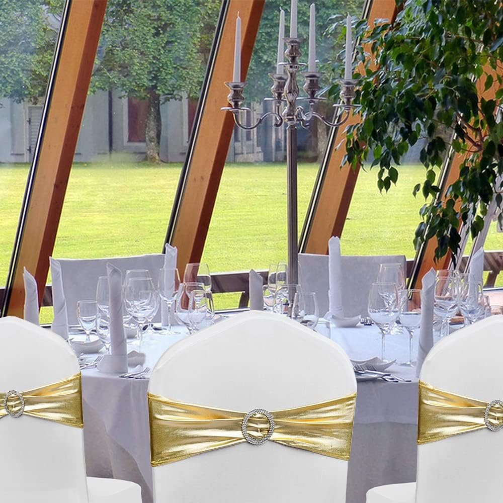 Wholesale Gold Spandex Chair Sashes Bows 50 Pack Stretch Bands with Metal Buckles Elastic Sliders for Wedding Party Events Banquet Decor Supplier