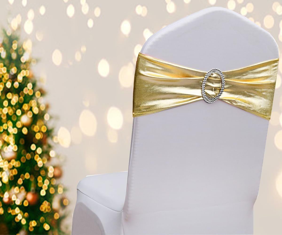Wholesale Gold Spandex Chair Sashes Bows 50 Pack Stretch Bands with Metal Buckles Elastic Sliders for Wedding Party Events Banquet Decor Supplier