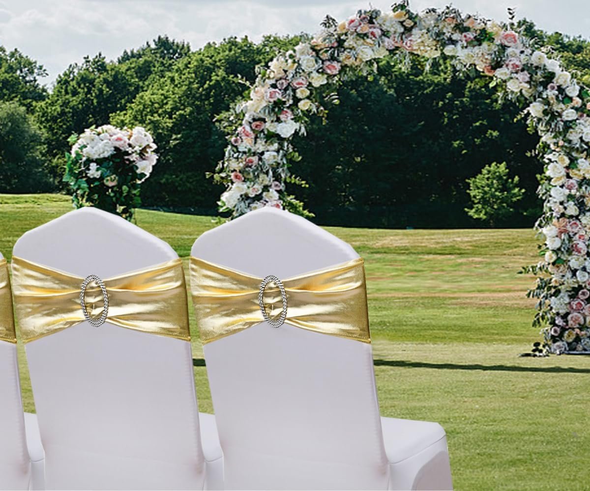 Wholesale Gold Spandex Chair Sashes Bows 50 Pack Stretch Bands with Metal Buckles Elastic Sliders for Wedding Party Events Banquet Decor Supplier