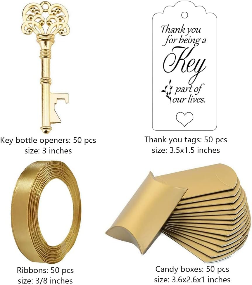 Wholesale 50 Sets Vintage Key Bottle Openers Wedding Favor Gifts with Escort Cards Thank You Tags Pillow Boxes Satin Ribbons Gold Supplier