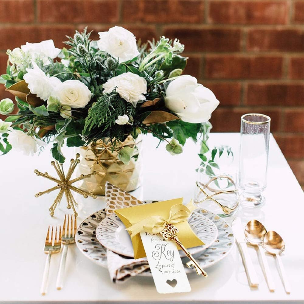 Wholesale 50 Sets Vintage Key Bottle Openers Wedding Favor Gifts with Escort Cards Thank You Tags Pillow Boxes Satin Ribbons Gold Supplier