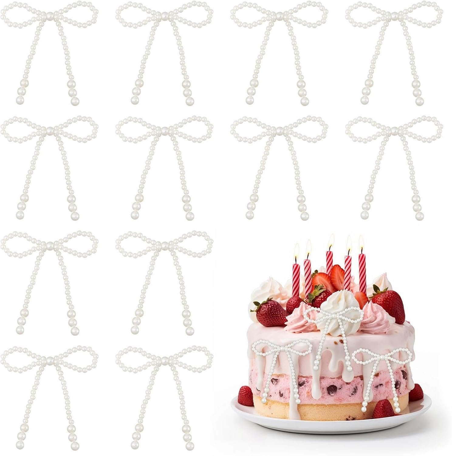 Pearl Bow Cake Toppers 12 Pack White Faux Pearl Decorations 4.3x3.9 Inches for Wedding Birthday Party Desserts