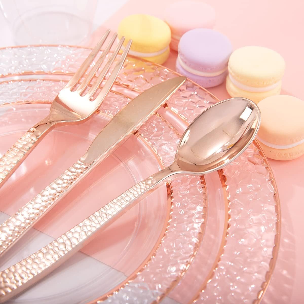 Wholesale 150PCS Rose Gold Disposable Plastic Plates and Silverware Set Includes 50 Plates 25 Forks 25 Knives 25 Spoons 25 Cups for Weddings Parties Supplier