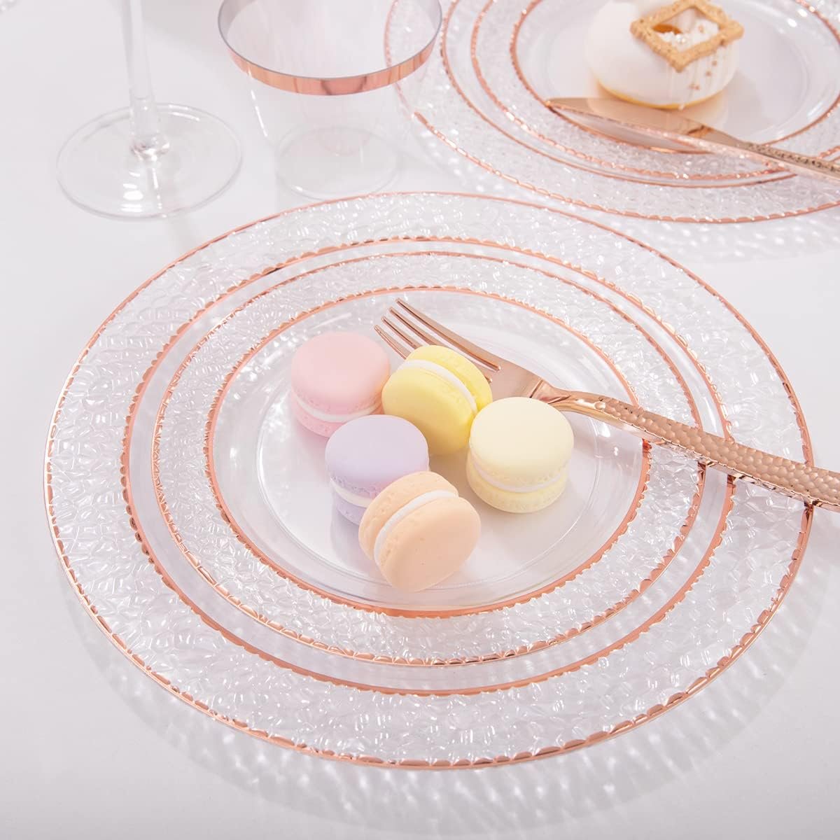 Wholesale 150PCS Rose Gold Disposable Plastic Plates and Silverware Set Includes 50 Plates 25 Forks 25 Knives 25 Spoons 25 Cups for Weddings Parties Supplier