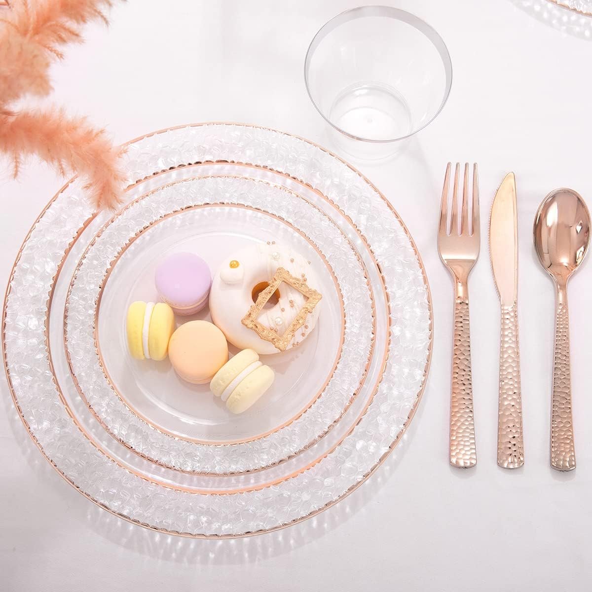 Wholesale 150PCS Rose Gold Disposable Plastic Plates and Silverware Set Includes 50 Plates 25 Forks 25 Knives 25 Spoons 25 Cups for Weddings Parties Supplier