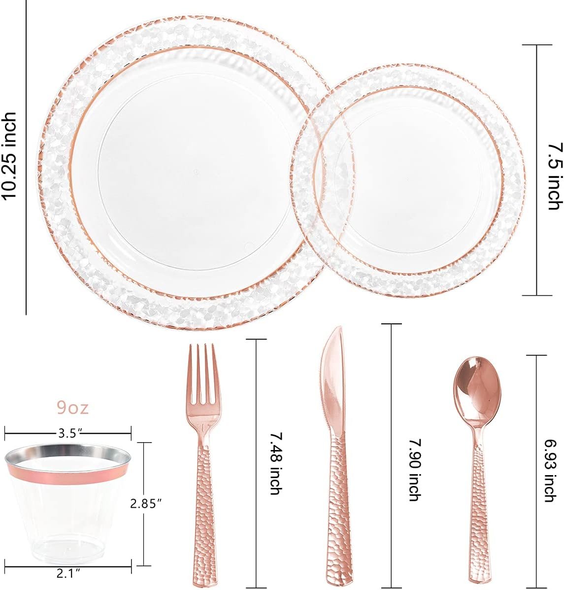 Wholesale 150PCS Rose Gold Disposable Plastic Plates and Silverware Set Includes 50 Plates 25 Forks 25 Knives 25 Spoons 25 Cups for Weddings Parties Supplier