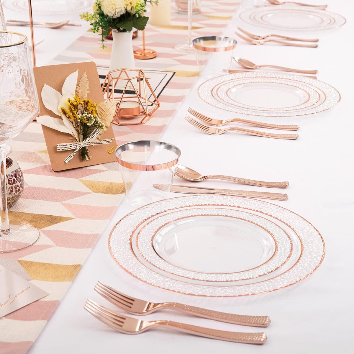 Wholesale 150PCS Rose Gold Disposable Plastic Plates and Silverware Set Includes 50 Plates 25 Forks 25 Knives 25 Spoons 25 Cups for Weddings Parties Supplier