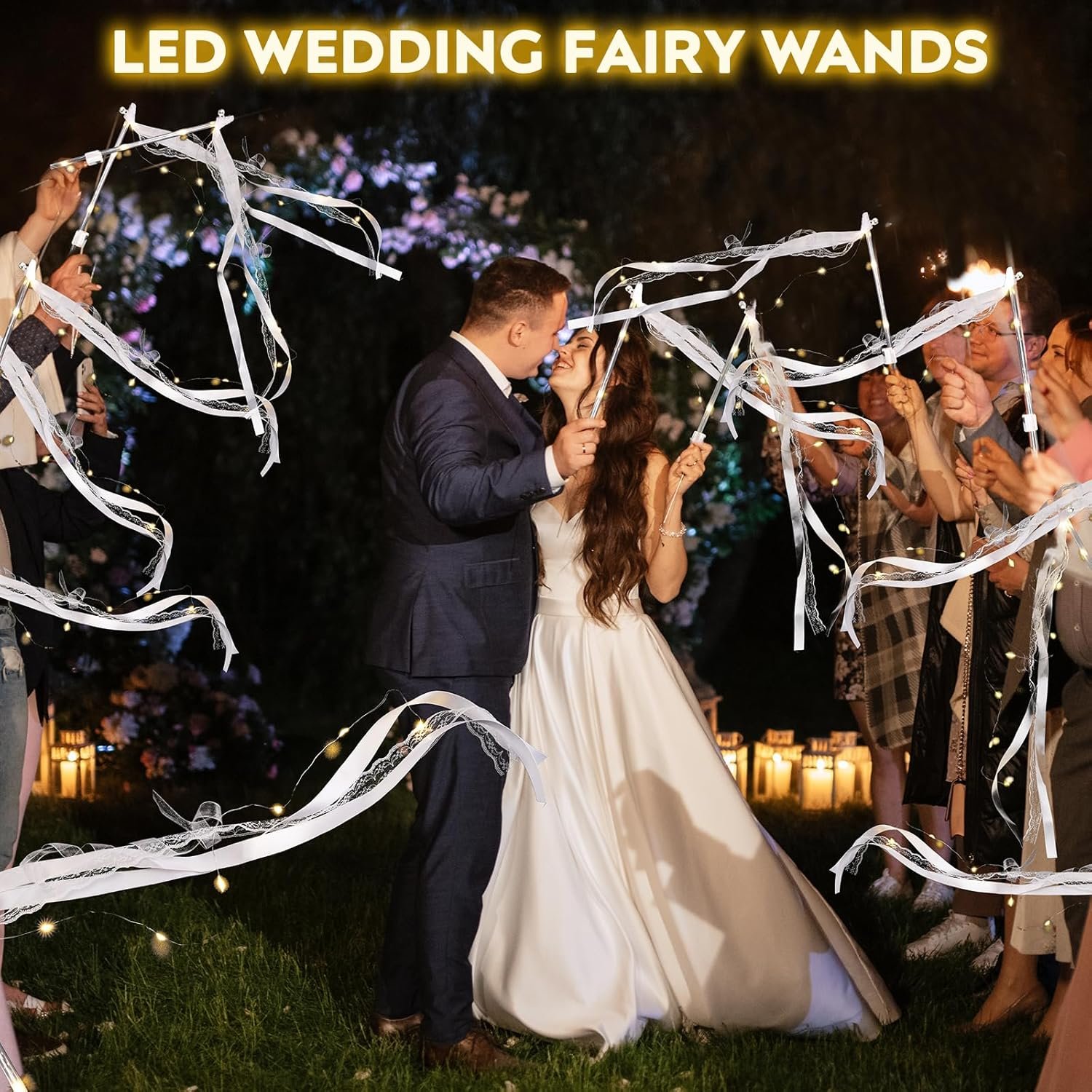 Wholesale 100 PCS LED Light Up Fairy Wedding Wands with 3 Flashing Modes Silk Ribbons Lace Bells for Ceremony Send Off Birthday Christmas Party Favors Supplier