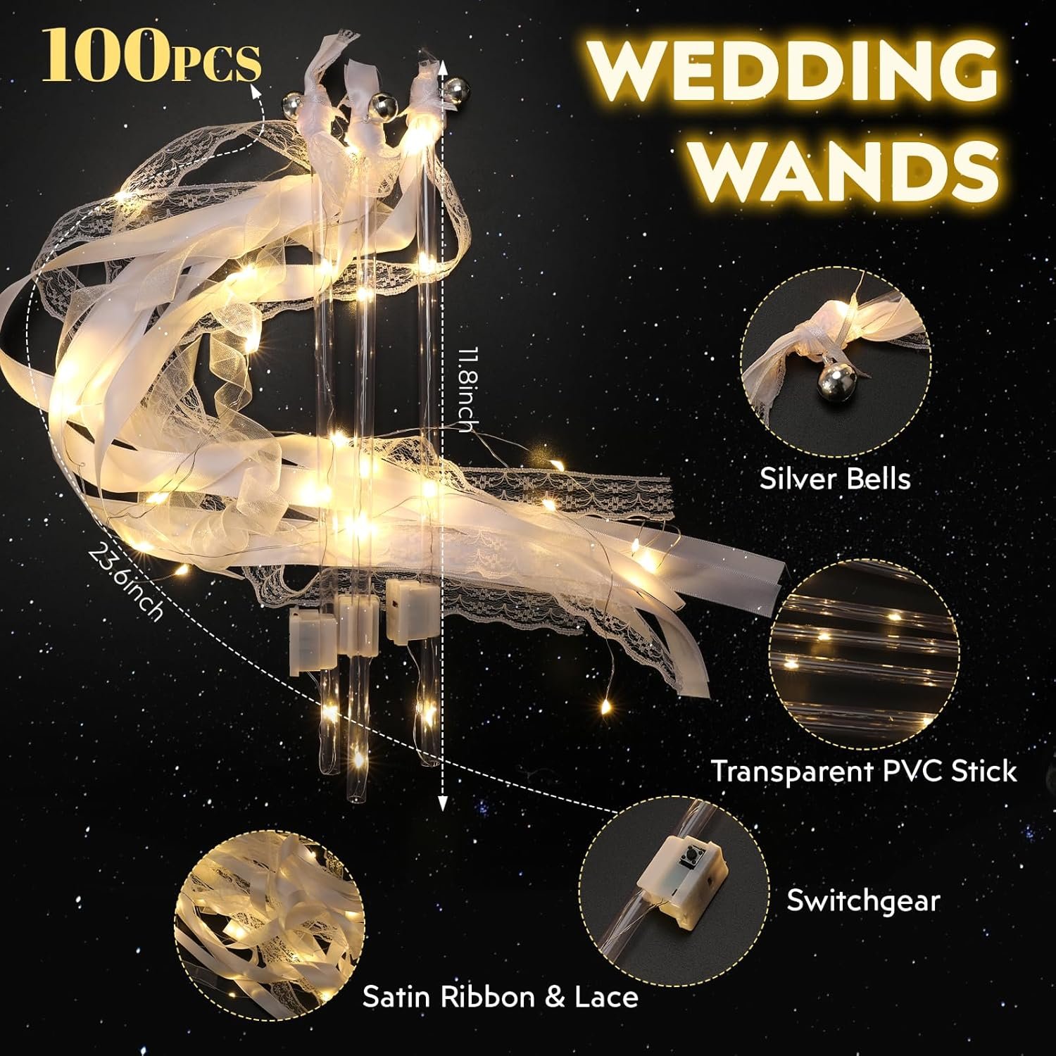 Wholesale 100 PCS LED Light Up Fairy Wedding Wands with 3 Flashing Modes Silk Ribbons Lace Bells for Ceremony Send Off Birthday Christmas Party Favors Supplier