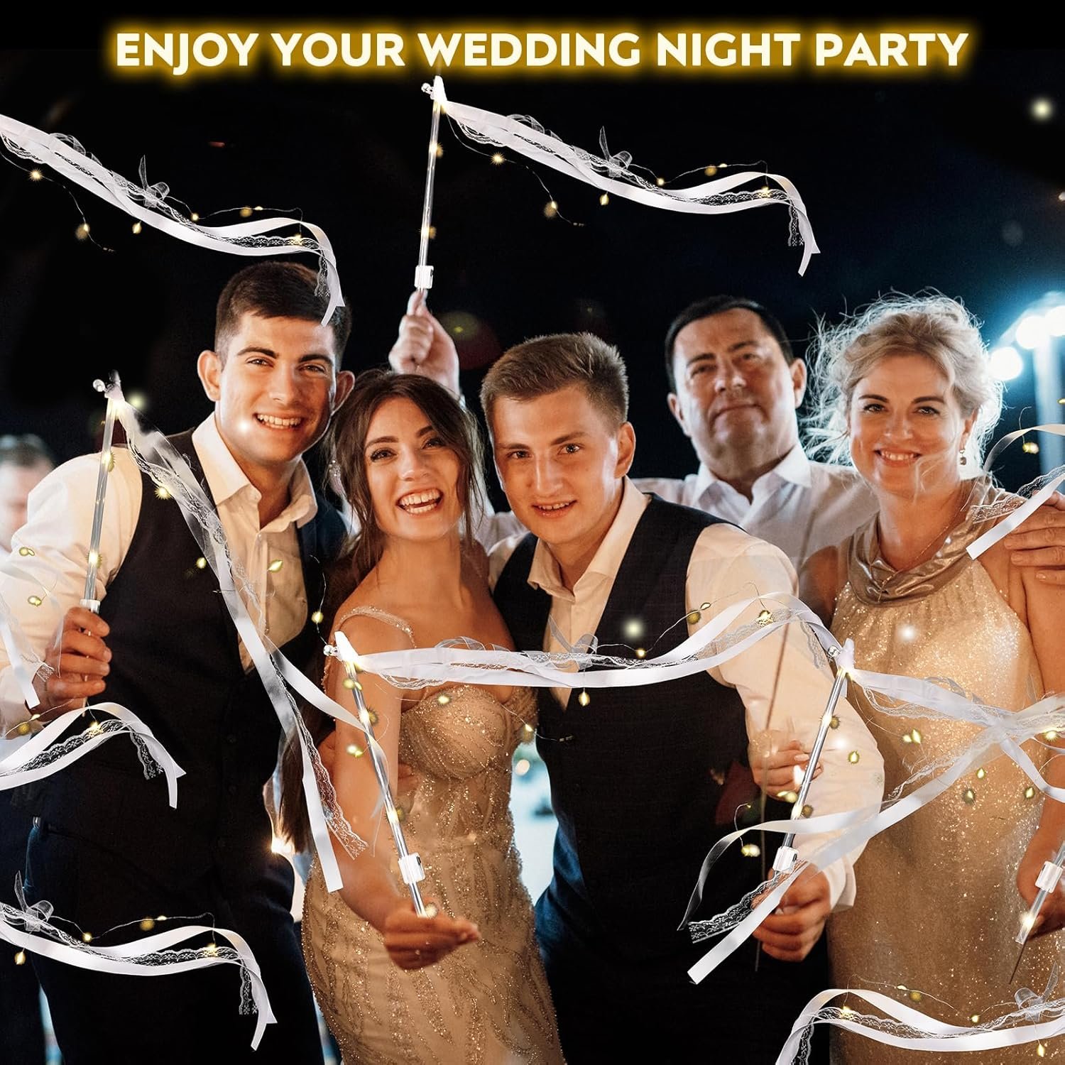 Wholesale 100 PCS LED Light Up Fairy Wedding Wands with 3 Flashing Modes Silk Ribbons Lace Bells for Ceremony Send Off Birthday Christmas Party Favors Supplier