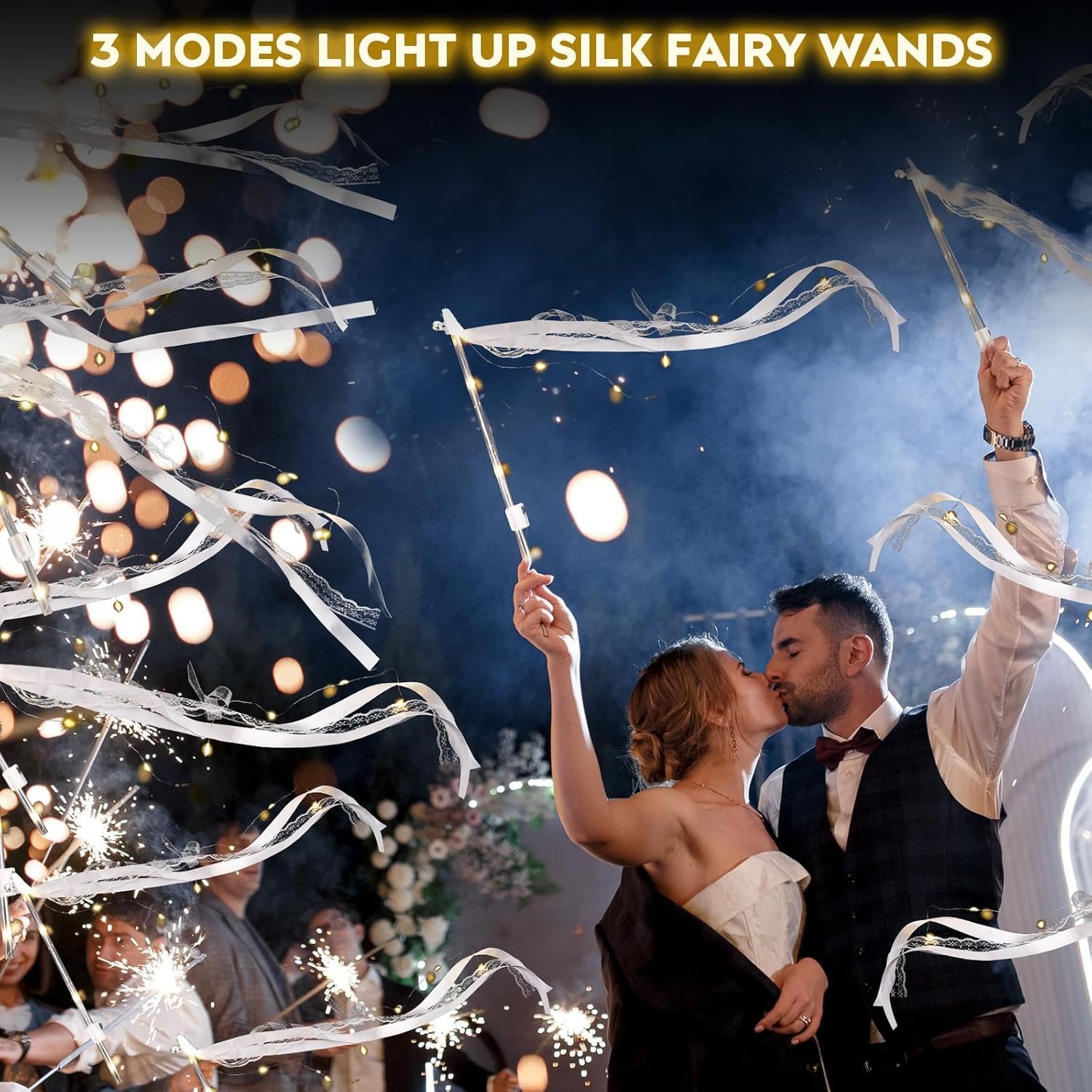 Wholesale 100 PCS LED Light Up Fairy Wedding Wands with 3 Flashing Modes Silk Ribbons Lace Bells for Ceremony Send Off Birthday Christmas Party Favors Supplier