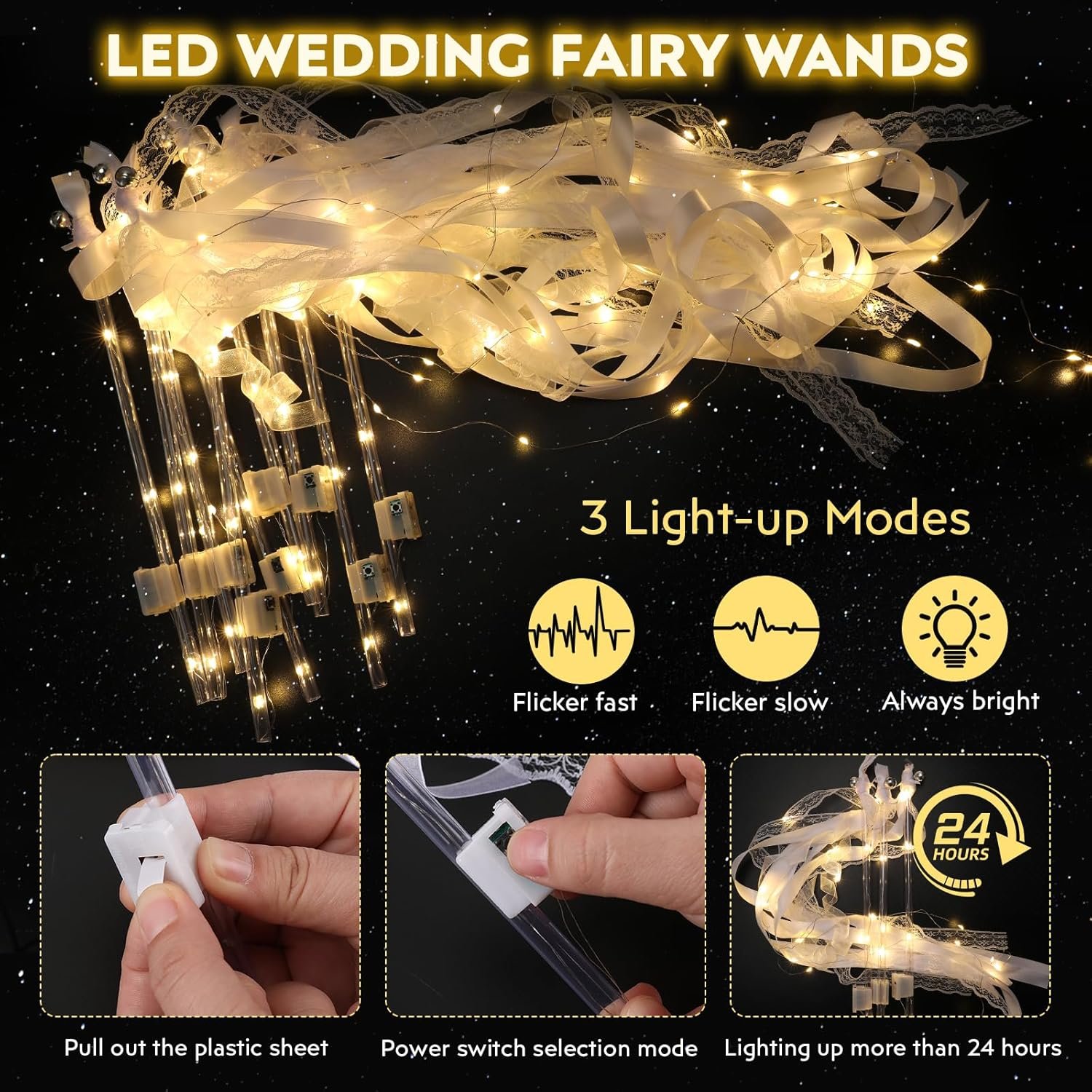 Wholesale 100 PCS LED Light Up Fairy Wedding Wands with 3 Flashing Modes Silk Ribbons Lace Bells for Ceremony Send Off Birthday Christmas Party Favors Supplier