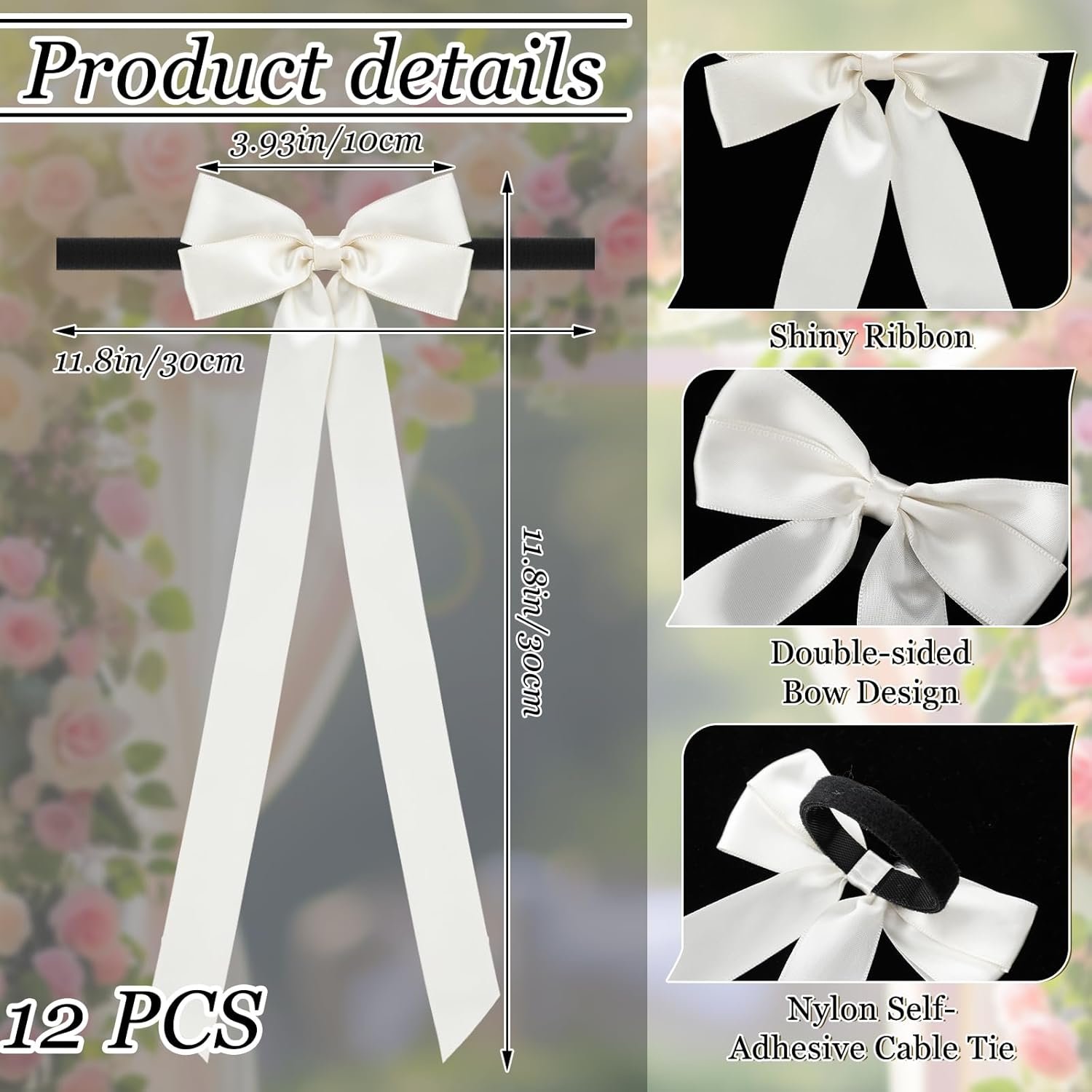 Wholesale 12 Pcs Ivory Satin Bows Wedding Aisle Decorations 3.94 x 11.8 Inch with Nylon Self-Adhesive Tape for Chairs Pew Backs Background Ribbons Supplier