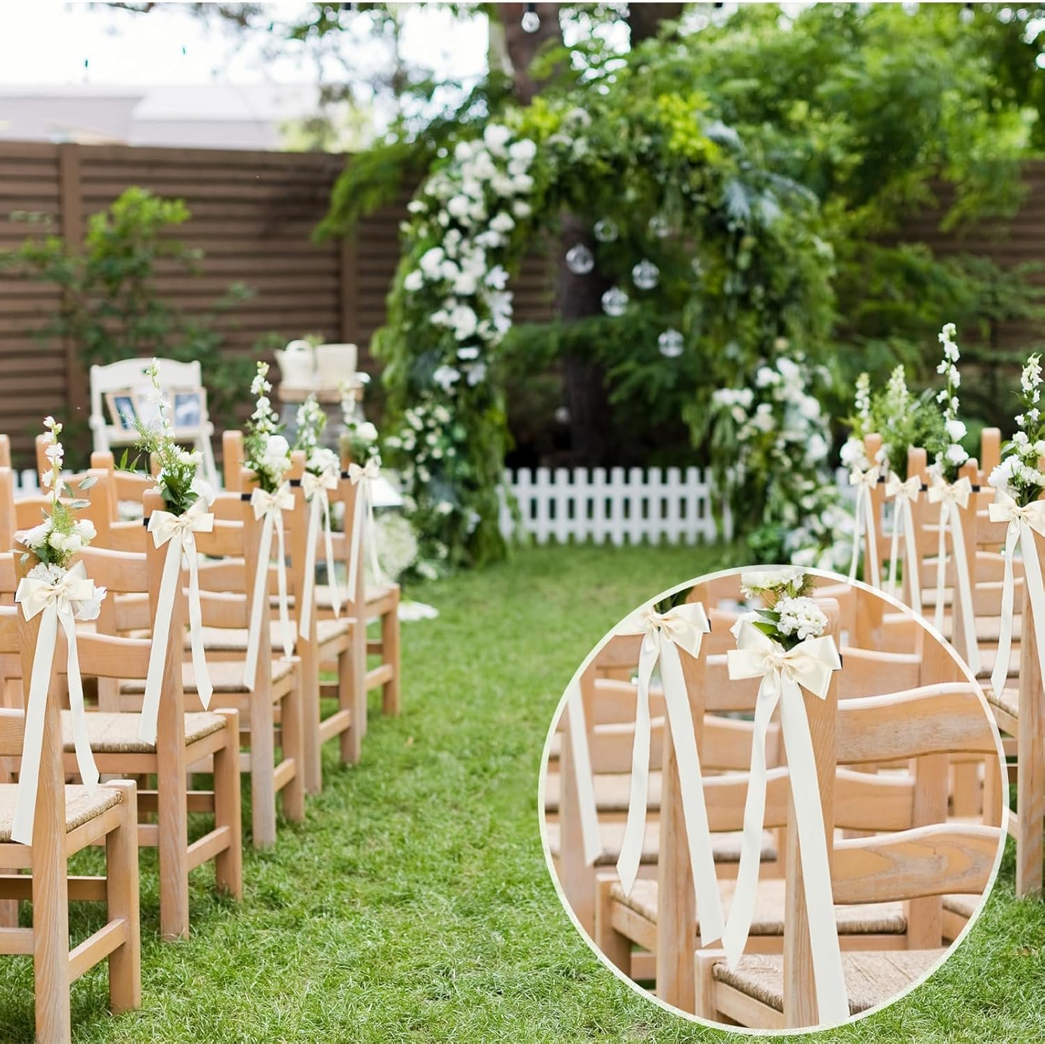 Wholesale 12 Pcs Ivory Satin Bows Wedding Aisle Decorations 3.94 x 11.8 Inch with Nylon Self-Adhesive Tape for Chairs Pew Backs Background Ribbons Supplier