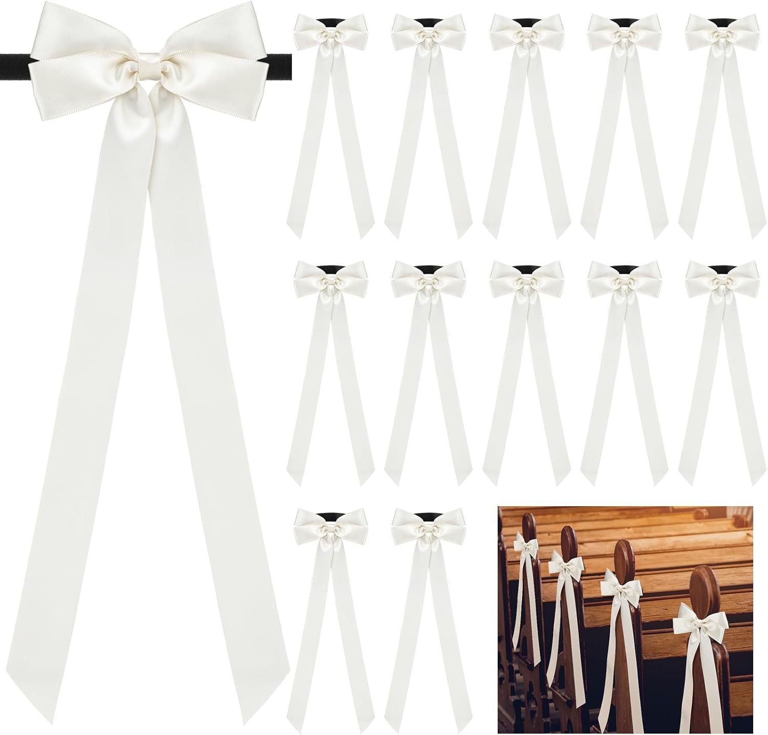 12 Pcs Ivory Bows Wedding Aisle Decorations 3.94 x 11.8 inch Satin Bows for Chairs Decorative with Nylon Self-Adhesive Tape for Pew Back Elegant Ribbons for Wedding Background Aisle Decor