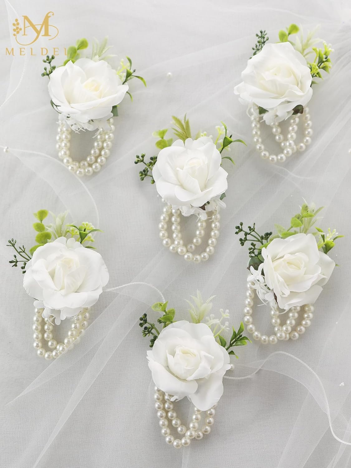 Wholesale White Ivory Rose Wrist Corsage Set of 6 Wedding Bridal Flower Hand Decor for Prom Party Homecoming Bride Bridesmaid Wristband Flowers Supplier