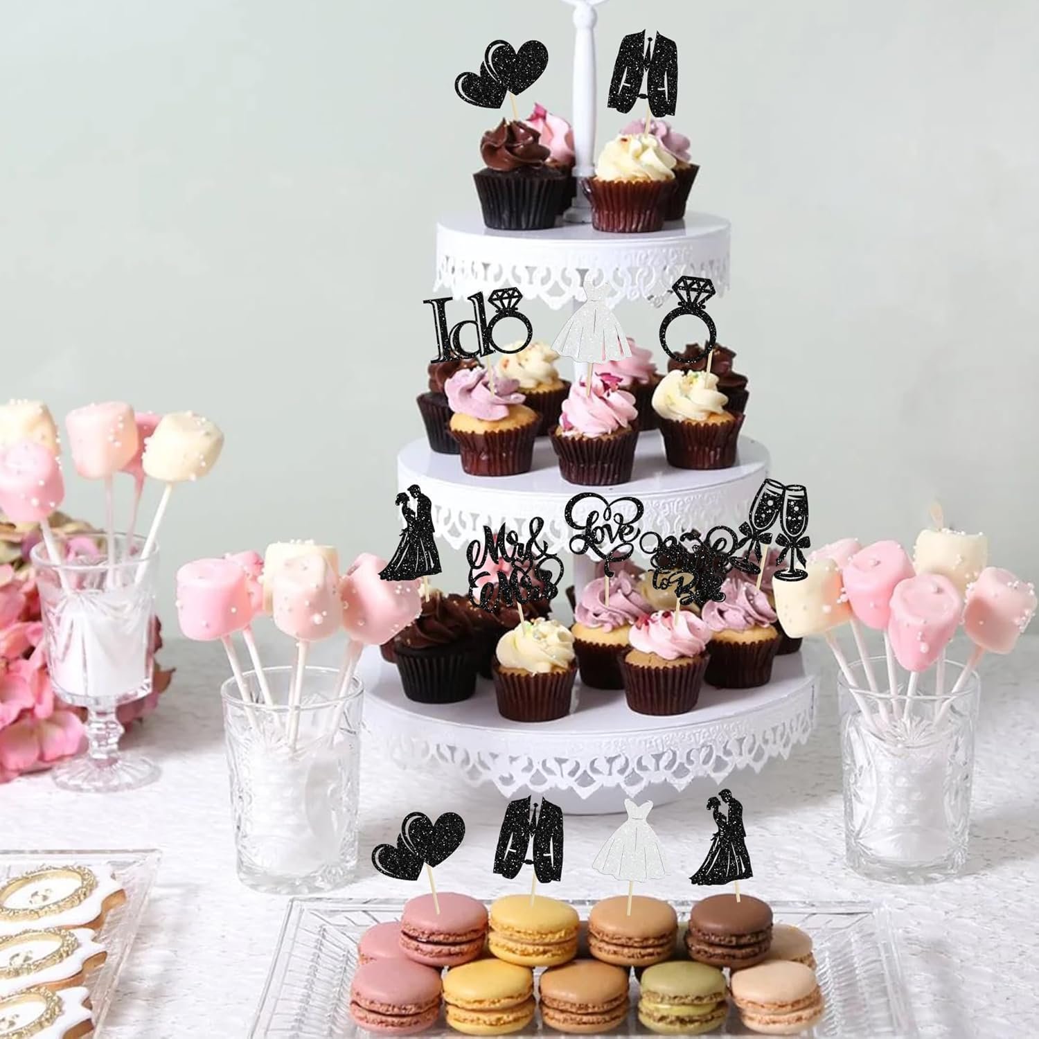 Wholesale 30Pcs Glitter Diamond Ring Bride to Be Cupcake Toppers I Do Love Miss to Mrs Picks Bridal Shower Wedding Engagement Bachelorette Cake Decoration Black Supplier