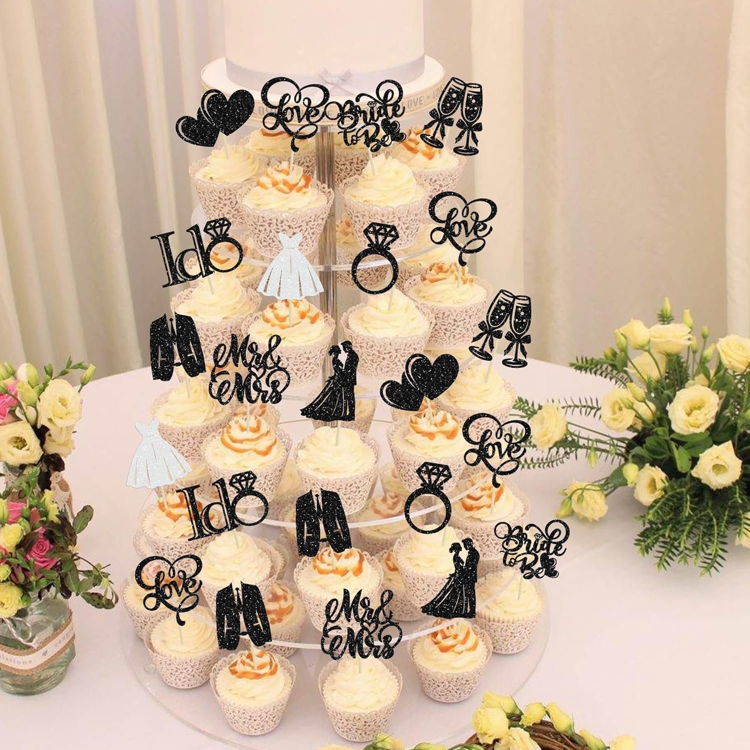 Wholesale 30Pcs Glitter Diamond Ring Bride to Be Cupcake Toppers I Do Love Miss to Mrs Picks Bridal Shower Wedding Engagement Bachelorette Cake Decoration Black Supplier