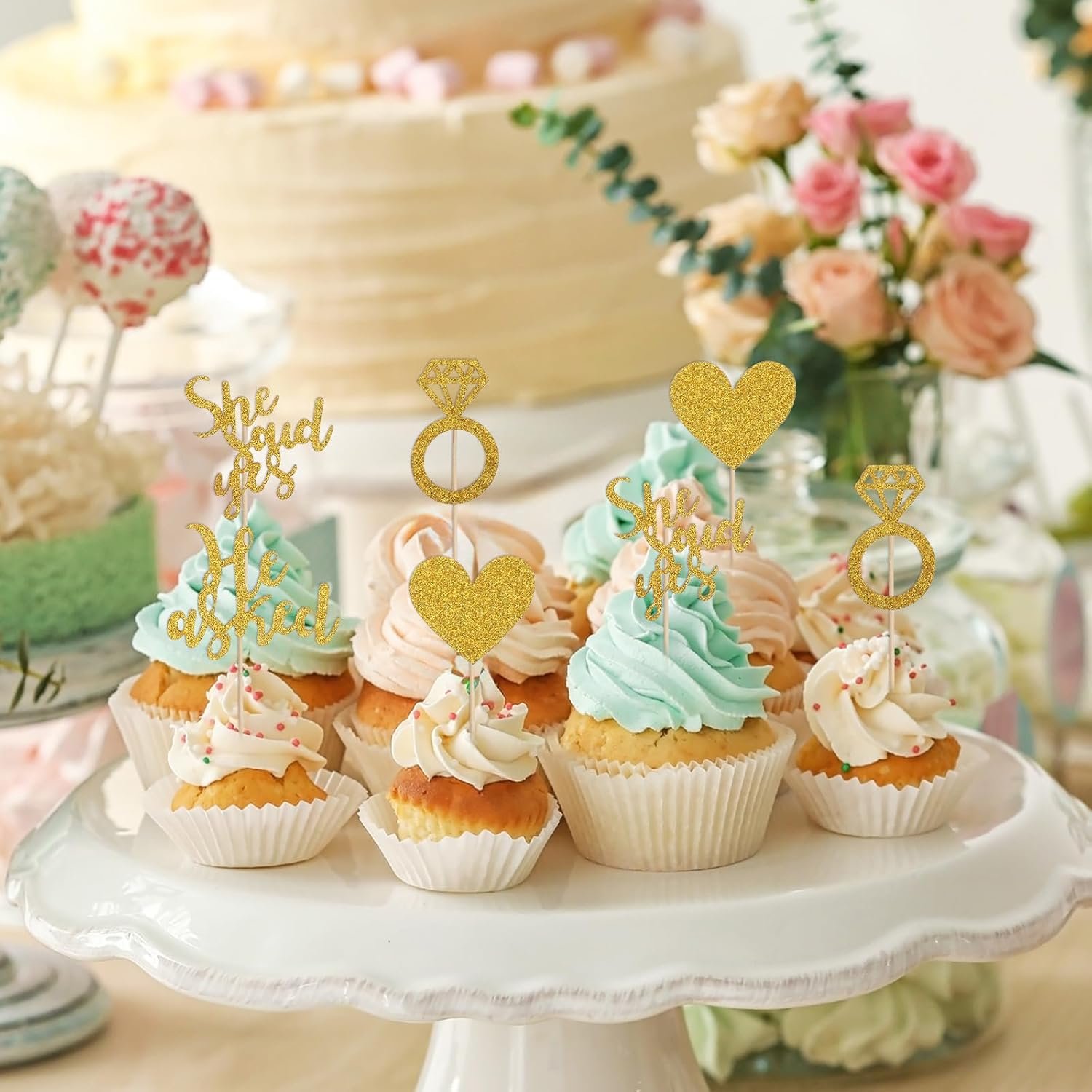 Wholesale 24PCS He Asked She Said Yes Wedding Cupcake Toppers Engagement Party Decorations Diamond Ring Heart Love Cake Picks Supplier
