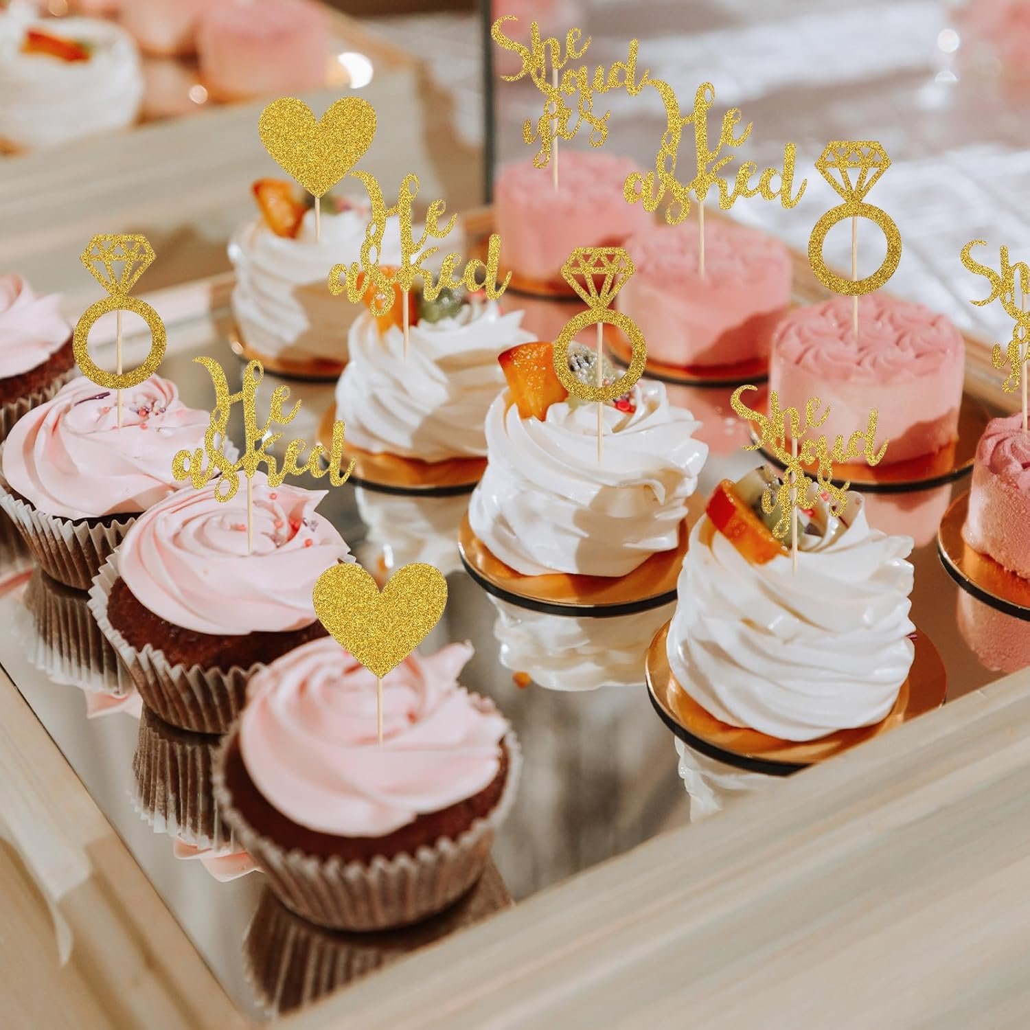 Wholesale 24PCS He Asked She Said Yes Wedding Cupcake Toppers Engagement Party Decorations Diamond Ring Heart Love Cake Picks Supplier