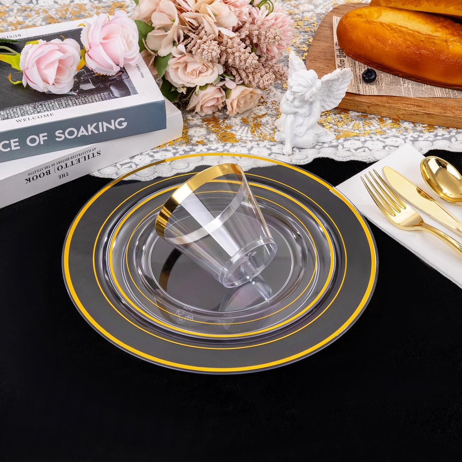 Wholesale Clear Gold Plastic Disposable Dinnerware Set for 50 Guests Includes 100 Plates 50 Silverware 50 Cups 50 Napkins for Party Wedding Supplier