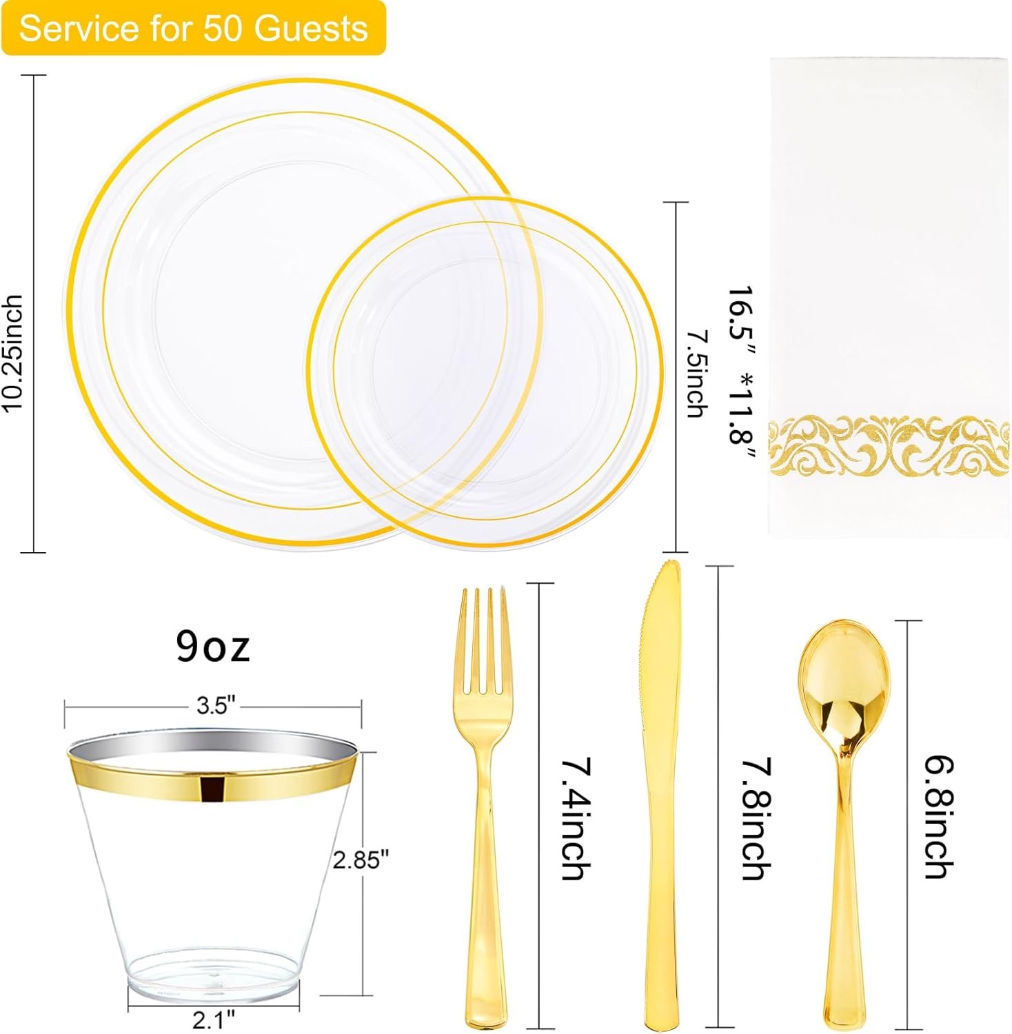 Wholesale Clear Gold Plastic Disposable Dinnerware Set for 50 Guests Includes 100 Plates 50 Silverware 50 Cups 50 Napkins for Party Wedding Supplier