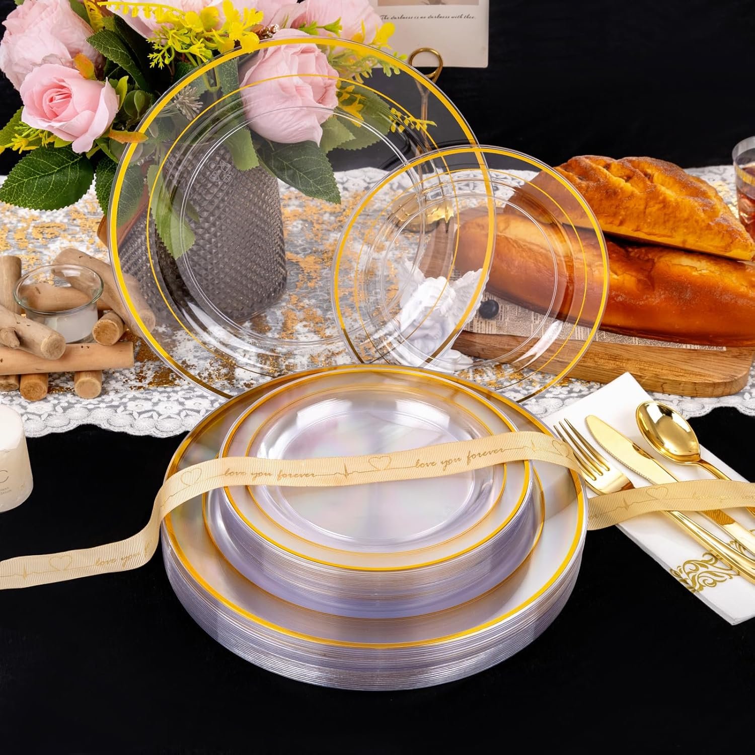 Wholesale Clear Gold Plastic Disposable Dinnerware Set for 50 Guests Includes 100 Plates 50 Silverware 50 Cups 50 Napkins for Party Wedding Supplier