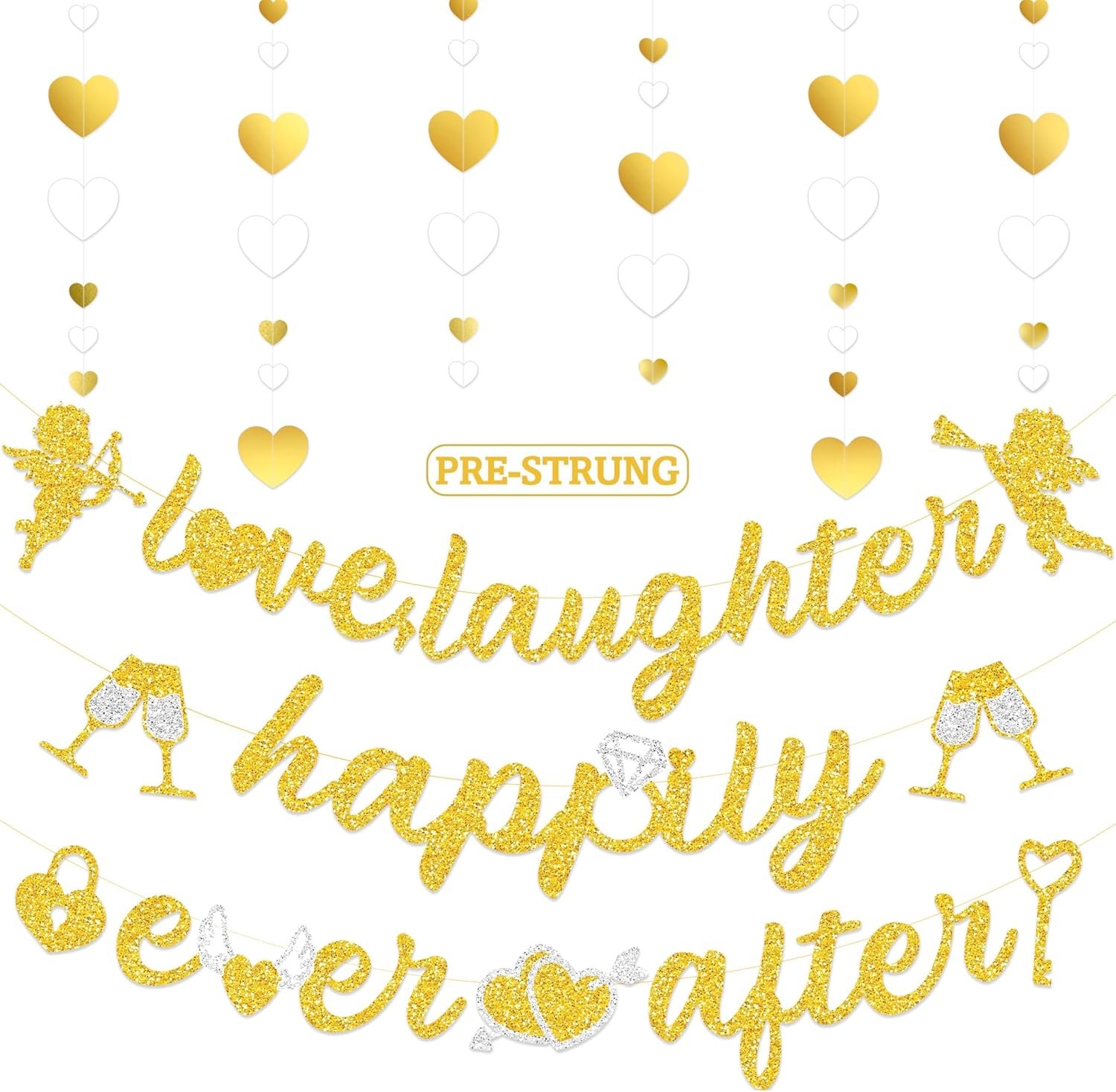 Pre-Strung Glitter Wedding Banner with Heart Garland, Wedding Shower Decorations for Bachelorette Bridal Shower Just Married Engagement Party