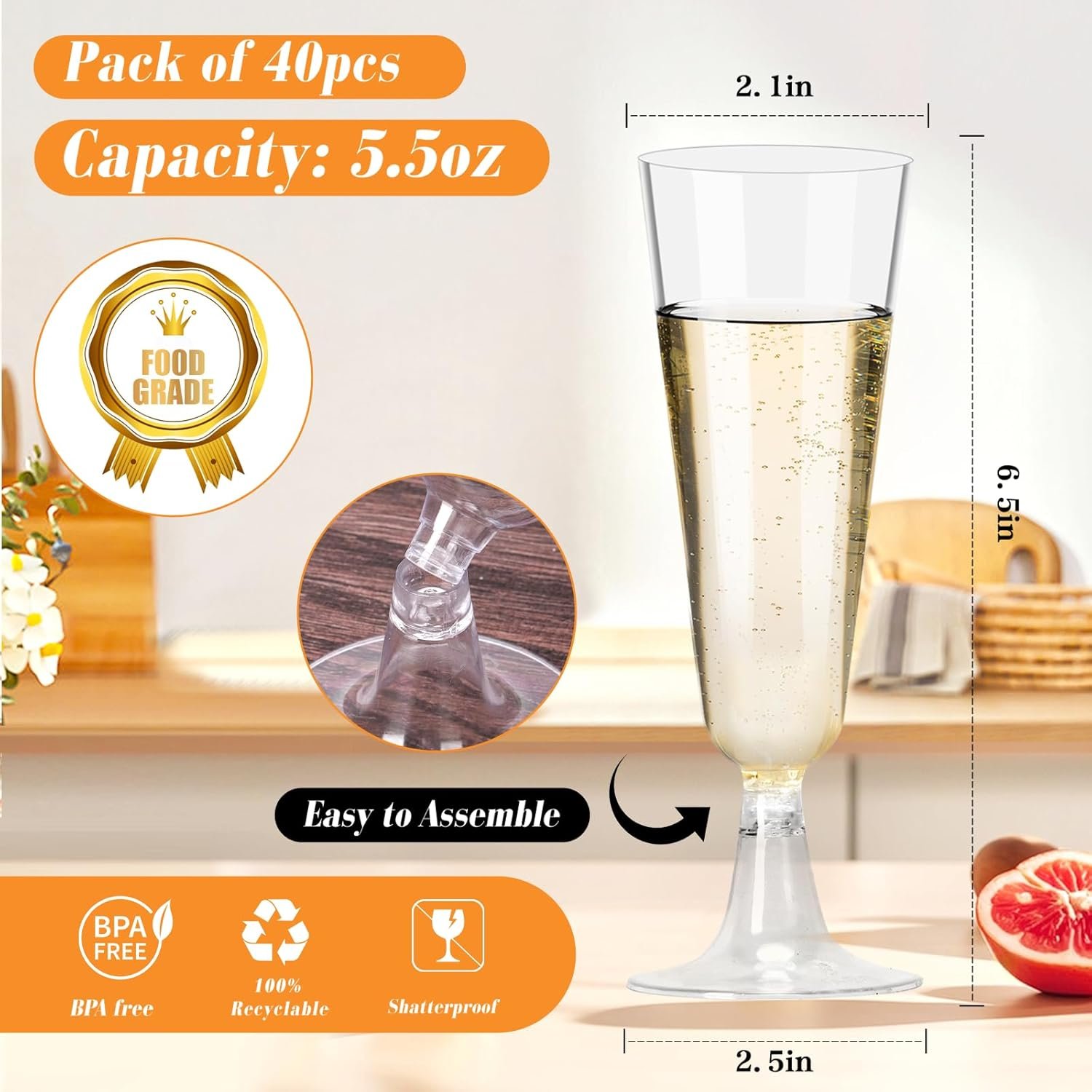 Wholesale 40 Pack 5.5 Oz Clear Disposable Plastic Champagne Flutes Glasses for Weddings Parties Events Supplier