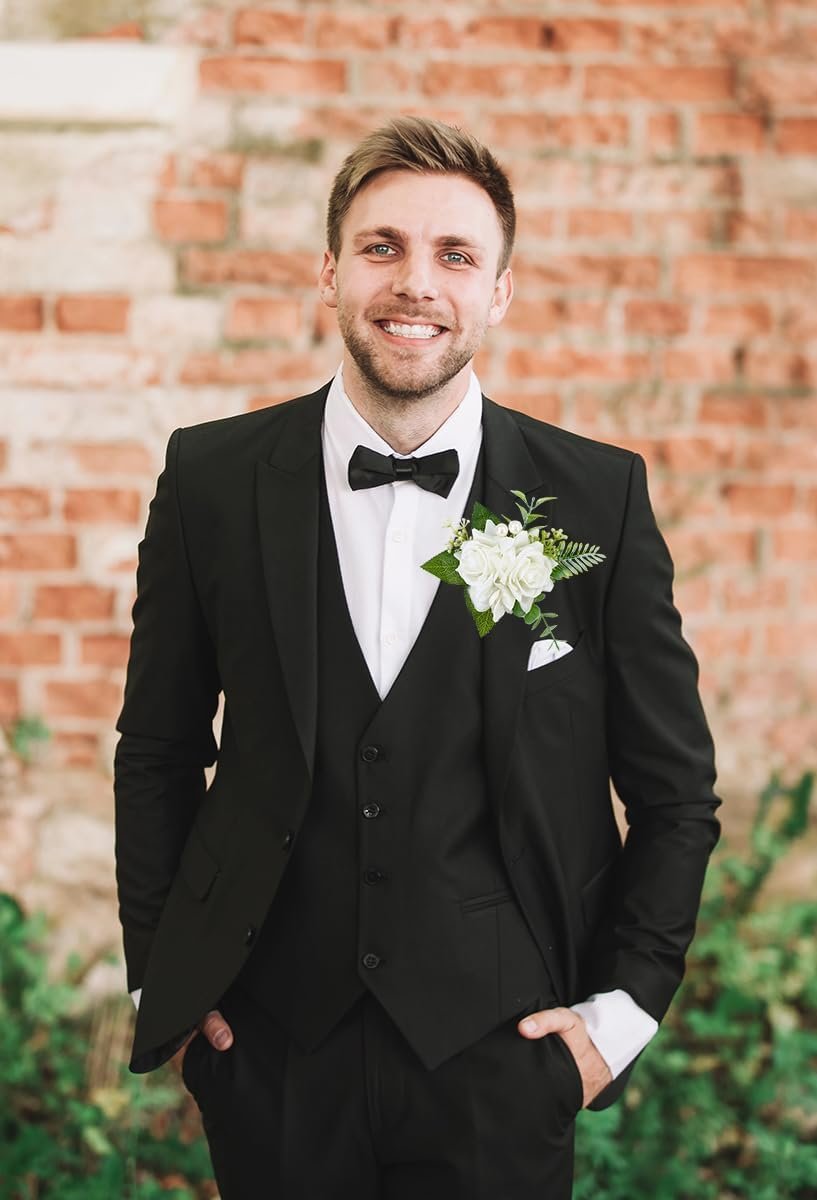 Wholesale White Artificial Rose Corsage and Boutonniere Set for Wedding Prom Homecoming Wristlets Men's Suit Decorations Supplier