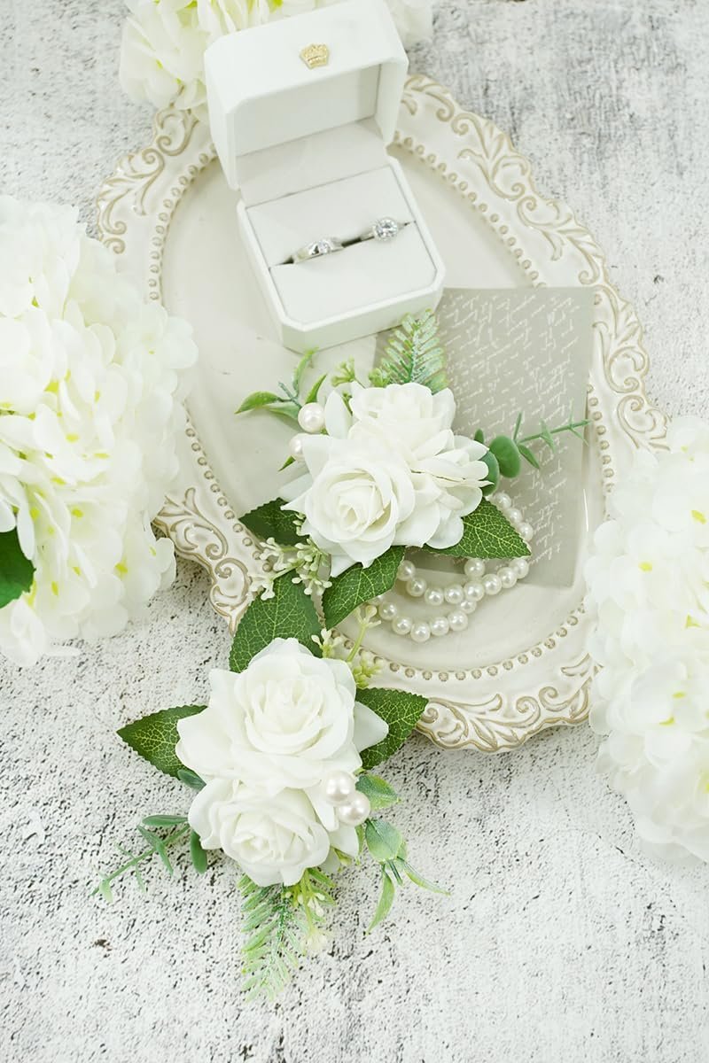 Wholesale White Artificial Rose Corsage and Boutonniere Set for Wedding Prom Homecoming Wristlets Men's Suit Decorations Supplier