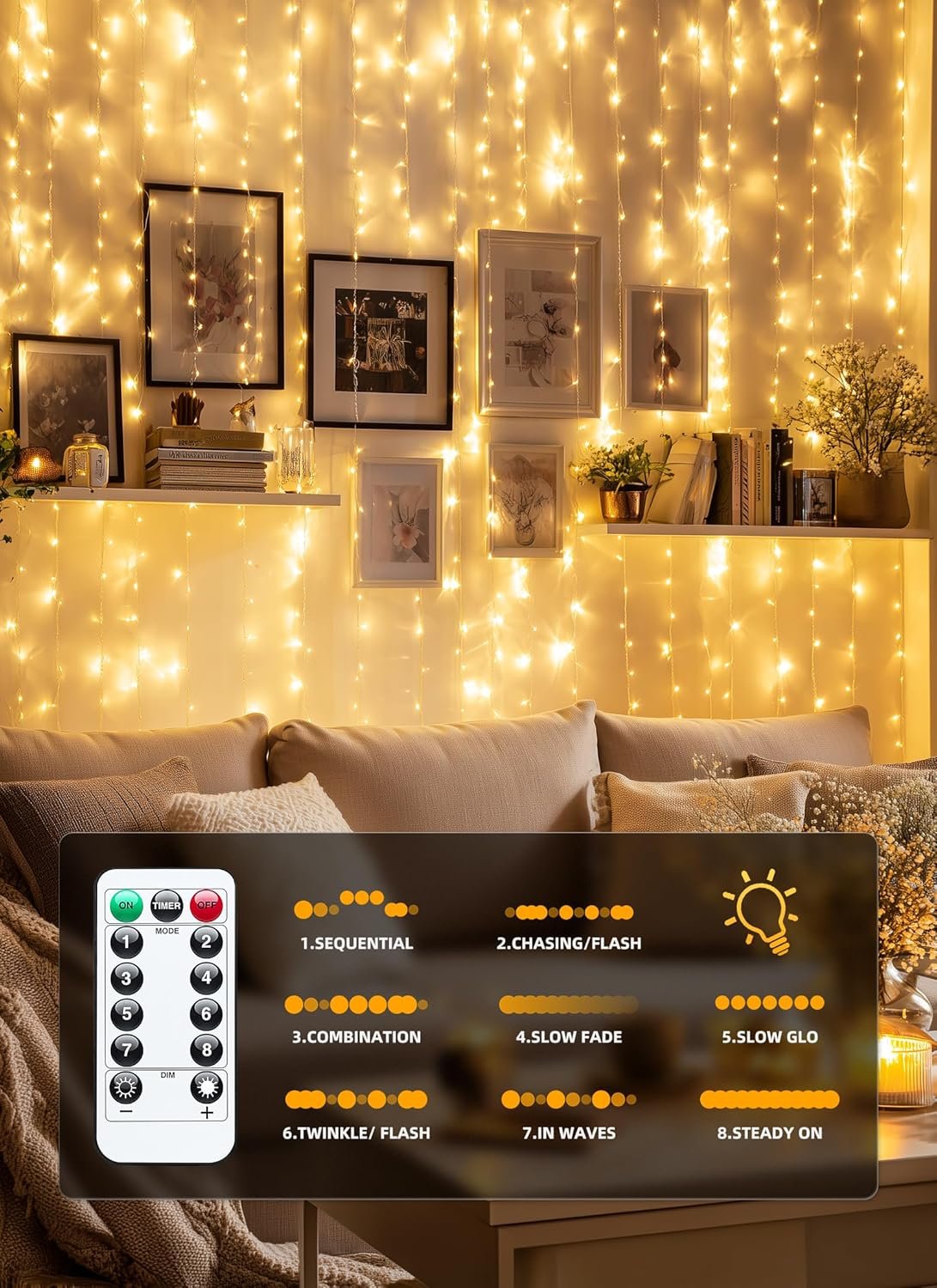 Wholesale 300 LED Fairy Curtain Lights 9.8ft x 9.8ft Warm White USB Plug-in 8 Modes Hanging String Lights with Remote for Christmas Bedroom Indoor Weddings Dorm Supplier