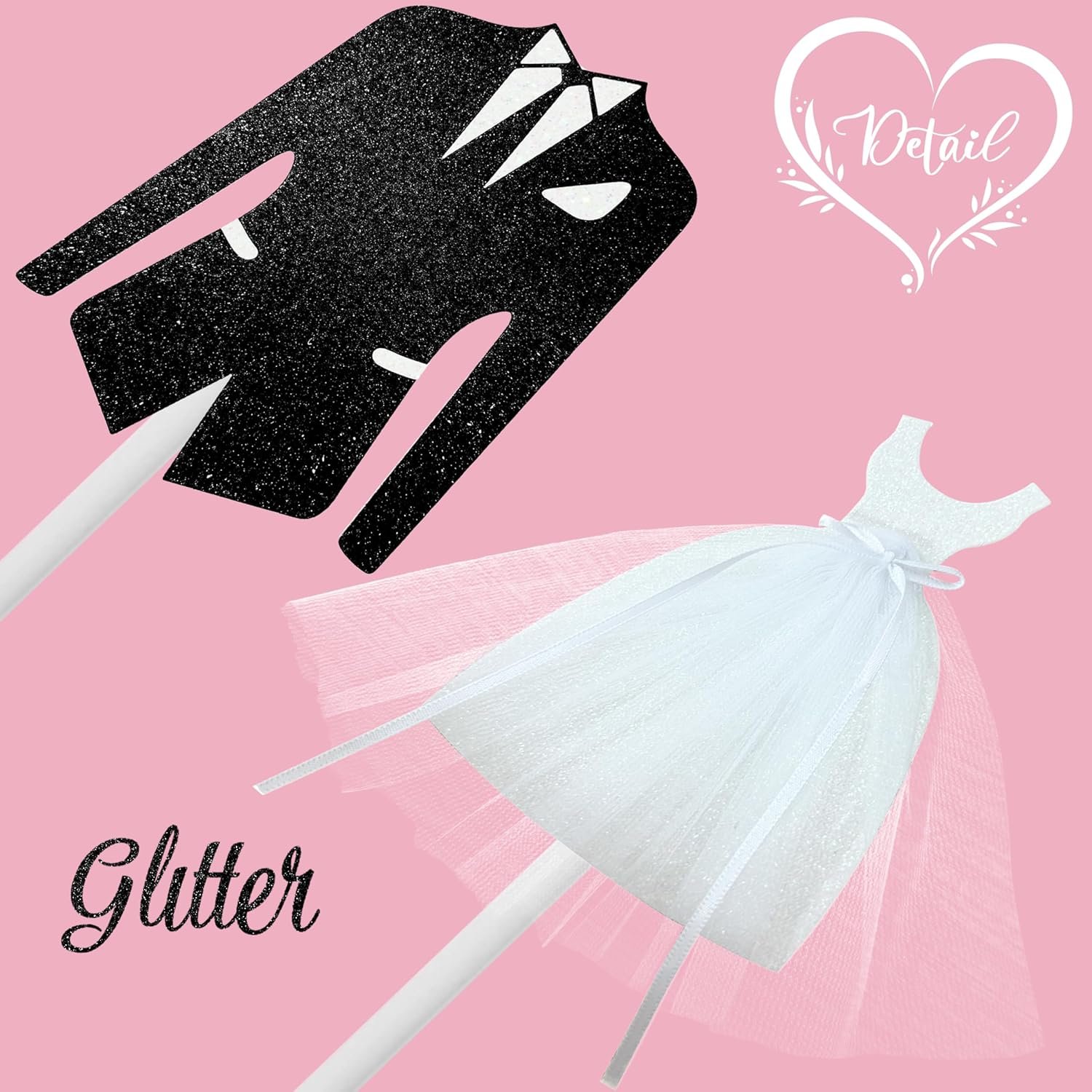 Wholesale 12Pcs Glitter Bridal Shower Cupcake Toppers White Tulle Dress Black Tuxedo for Bride Groom Engagement Wedding Party Decorations Supplier