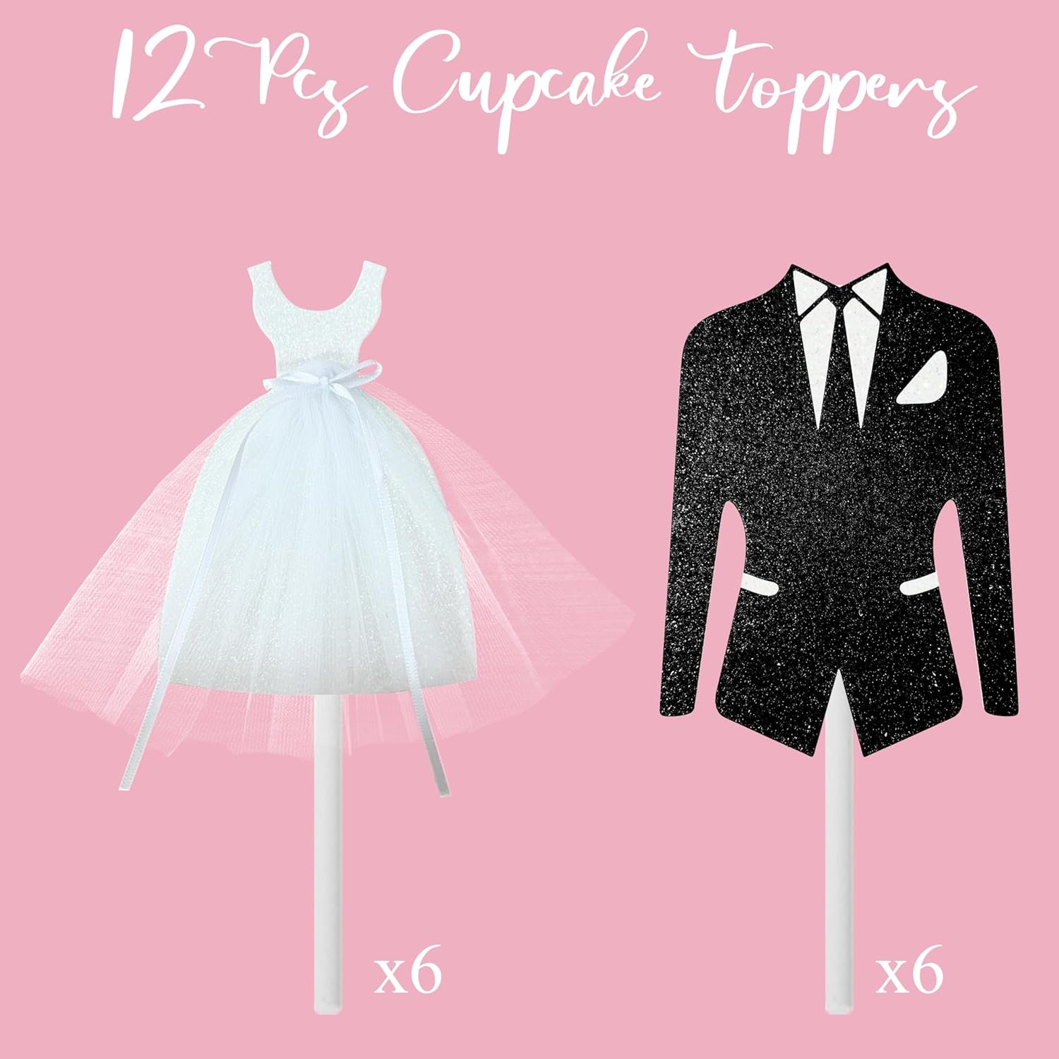 Wholesale 12Pcs Glitter Bridal Shower Cupcake Toppers White Tulle Dress Black Tuxedo for Bride Groom Engagement Wedding Party Decorations Supplier