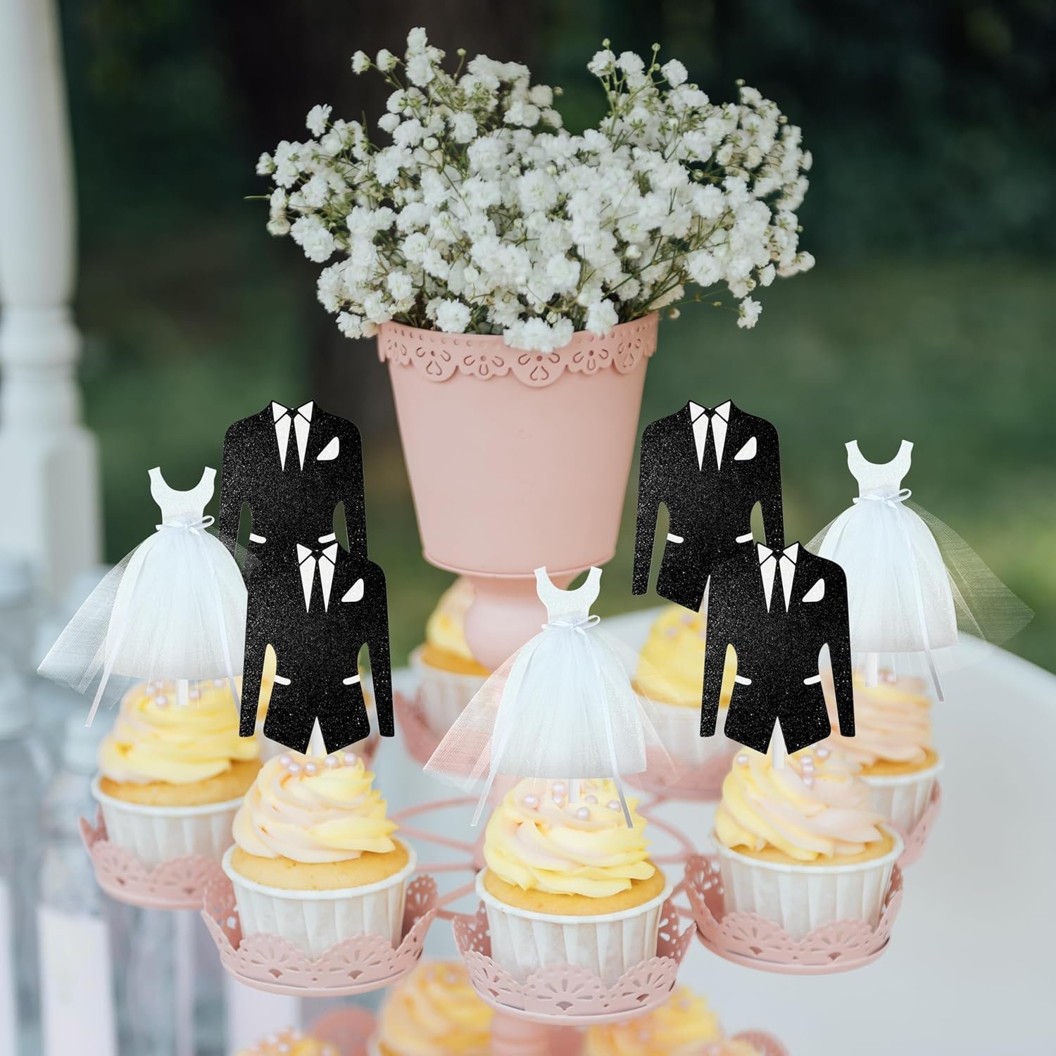 Wholesale 12Pcs Glitter Bridal Shower Cupcake Toppers White Tulle Dress Black Tuxedo for Bride Groom Engagement Wedding Party Decorations Supplier
