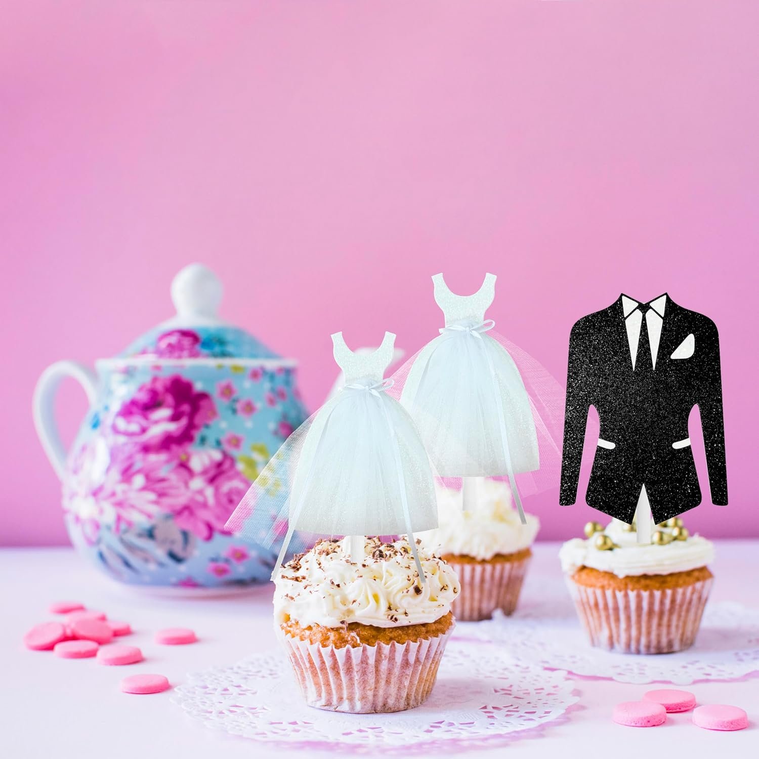 Wholesale 12Pcs Glitter Bridal Shower Cupcake Toppers White Tulle Dress Black Tuxedo for Bride Groom Engagement Wedding Party Decorations Supplier