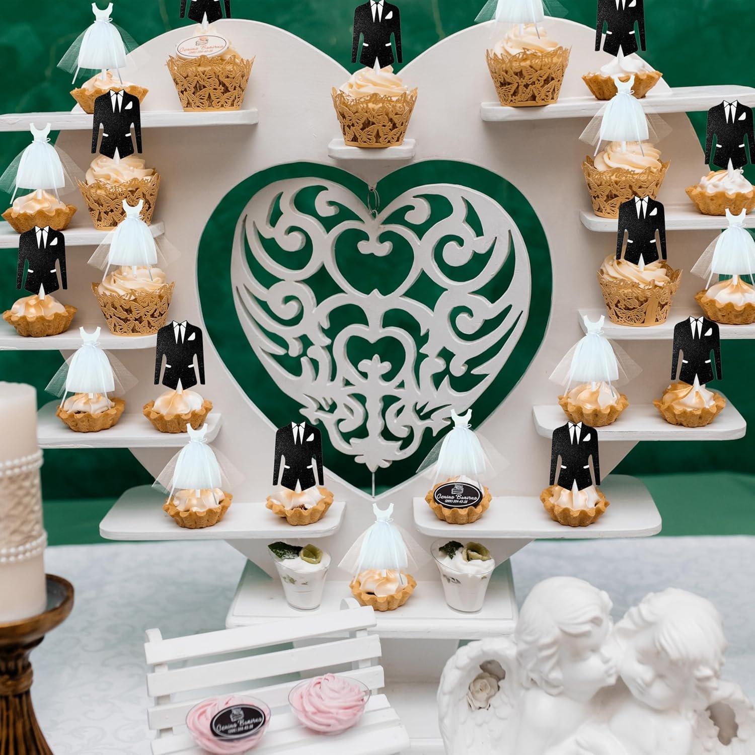 Wholesale 12Pcs Glitter Bridal Shower Cupcake Toppers White Tulle Dress Black Tuxedo for Bride Groom Engagement Wedding Party Decorations Supplier