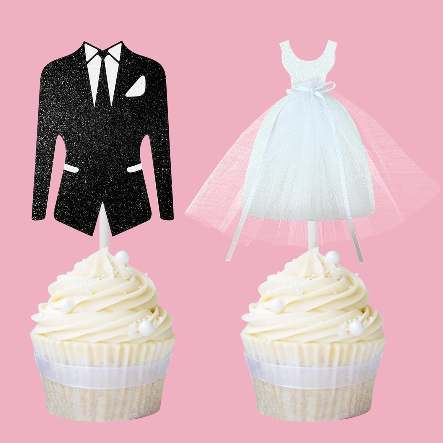 12Pcs Bridal Shower Cupcake Toppers Glitter White Tulle Dress Black Tuxedo Dress Cupcake Toppers Engagement Wedding Party Decorations for Bride Groom Wedding Bridal Shower Party Supplies