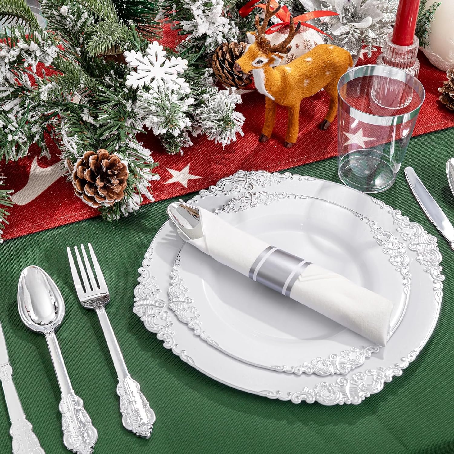 Wholesale 350PCS Silver Plastic Plates and Pre-Rolled Napkins for 50 Guests Disposable Dinnerware Set 100 Silver Plates 150 Silver Silverware 50 Cups 50 Napkins for Christmas Supplier Wholesale 350PCS Silver Plastic Plates and Pre-Rolled Napkins for 50 Guests Disposable Dinnerware Set 100 Silver Plates 150 Silver Silverware 50 Cups 50 Napkins for Christmas Supplier