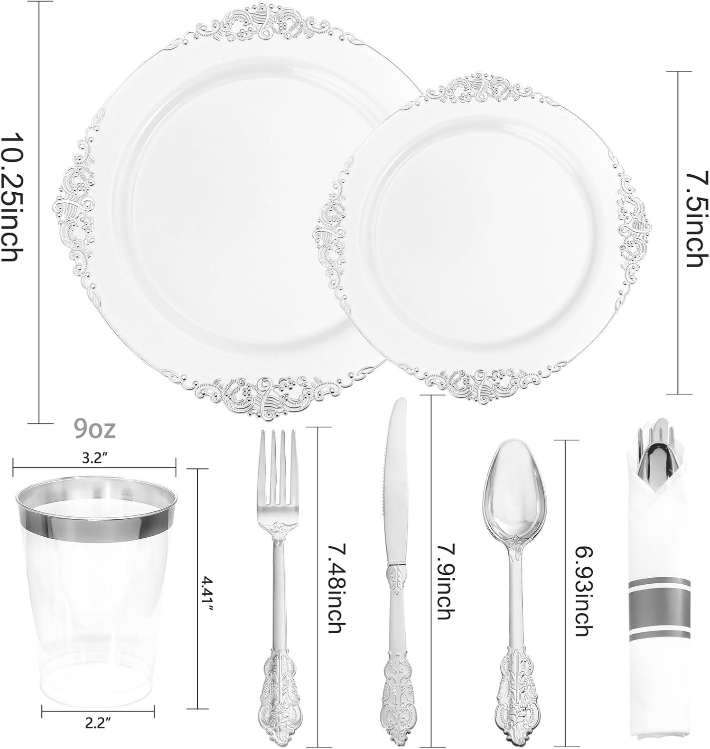 Wholesale 350PCS Silver Plastic Plates and Pre-Rolled Napkins for 50 Guests Disposable Dinnerware Set 100 Silver Plates 150 Silver Silverware 50 Cups 50 Napkins for Christmas Supplier Wholesale 350PCS Silver Plastic Plates and Pre-Rolled Napkins for 50 Guests Disposable Dinnerware Set 100 Silver Plates 150 Silver Silverware 50 Cups 50 Napkins for Christmas Supplier