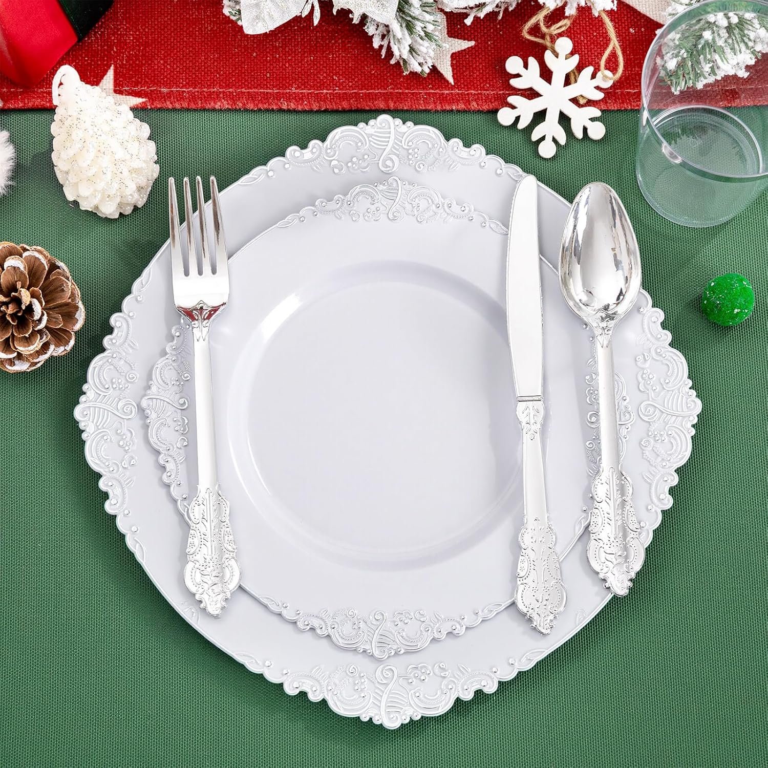 Wholesale 350PCS Silver Plastic Plates and Pre-Rolled Napkins for 50 Guests Disposable Dinnerware Set 100 Silver Plates 150 Silver Silverware 50 Cups 50 Napkins for Christmas Supplier Wholesale 350PCS Silver Plastic Plates and Pre-Rolled Napkins for 50 Guests Disposable Dinnerware Set 100 Silver Plates 150 Silver Silverware 50 Cups 50 Napkins for Christmas Supplier